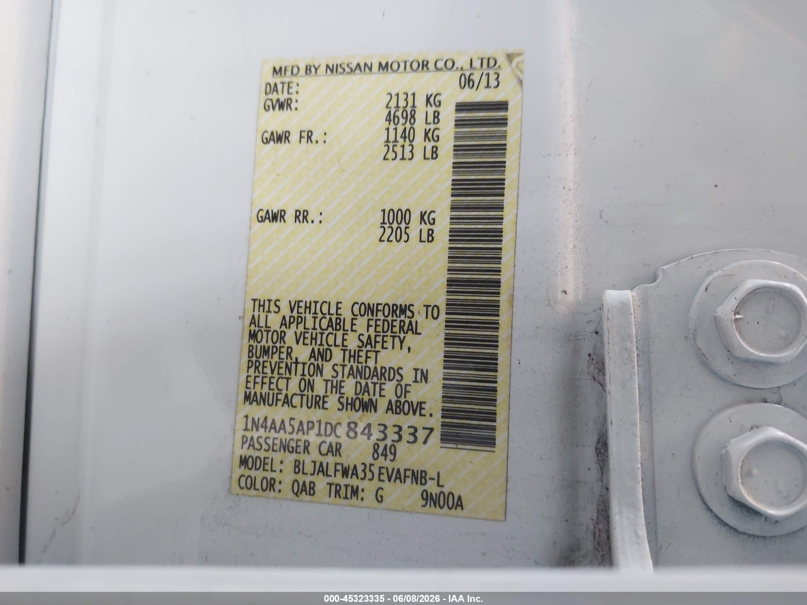 2013 Nissan Maxima 3.5 Sv White vin: 1N4AA5AP1DC843337