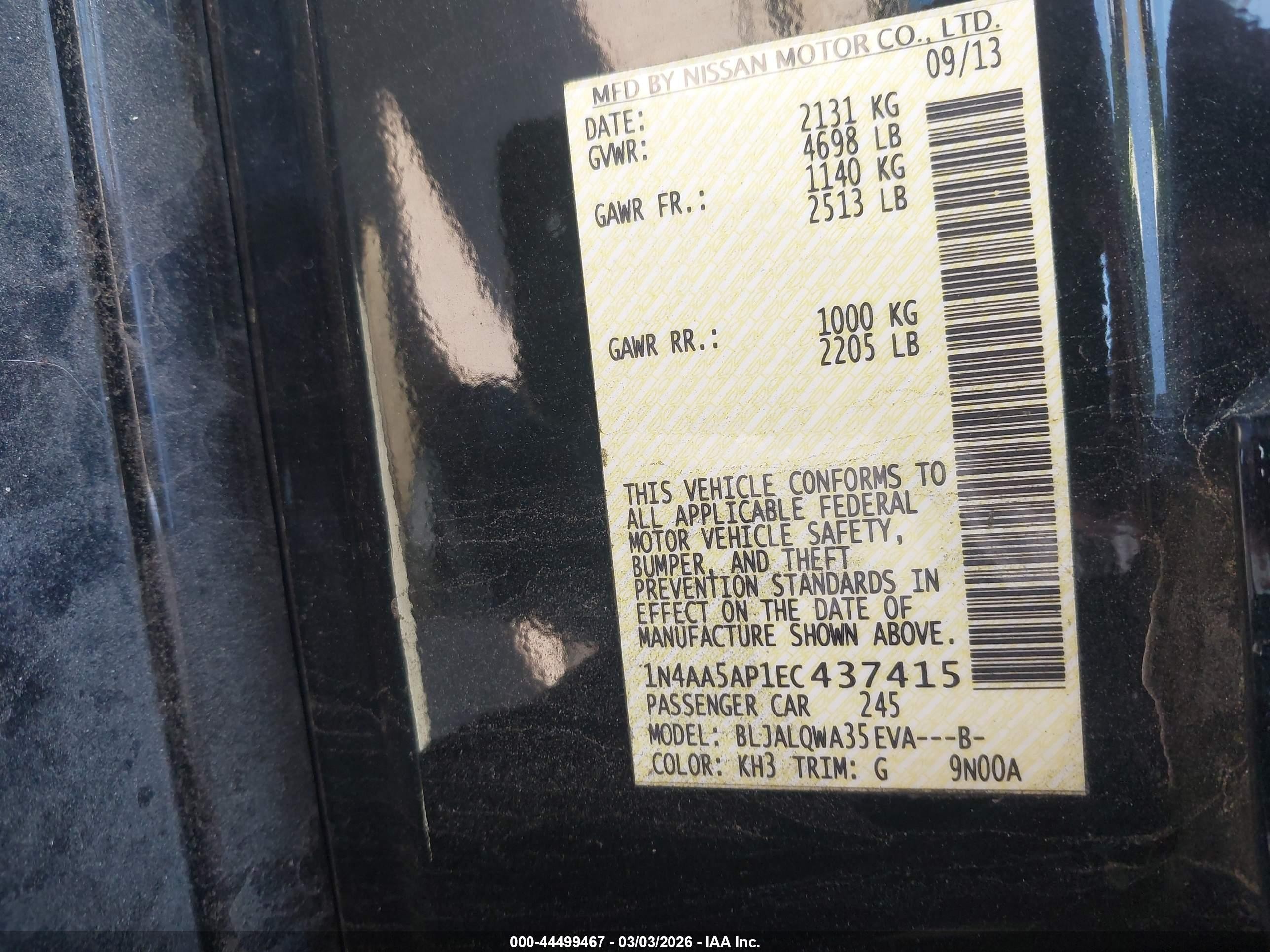 2014 Nissan Maxima 3.5 S Black vin: 1N4AA5AP1EC437415