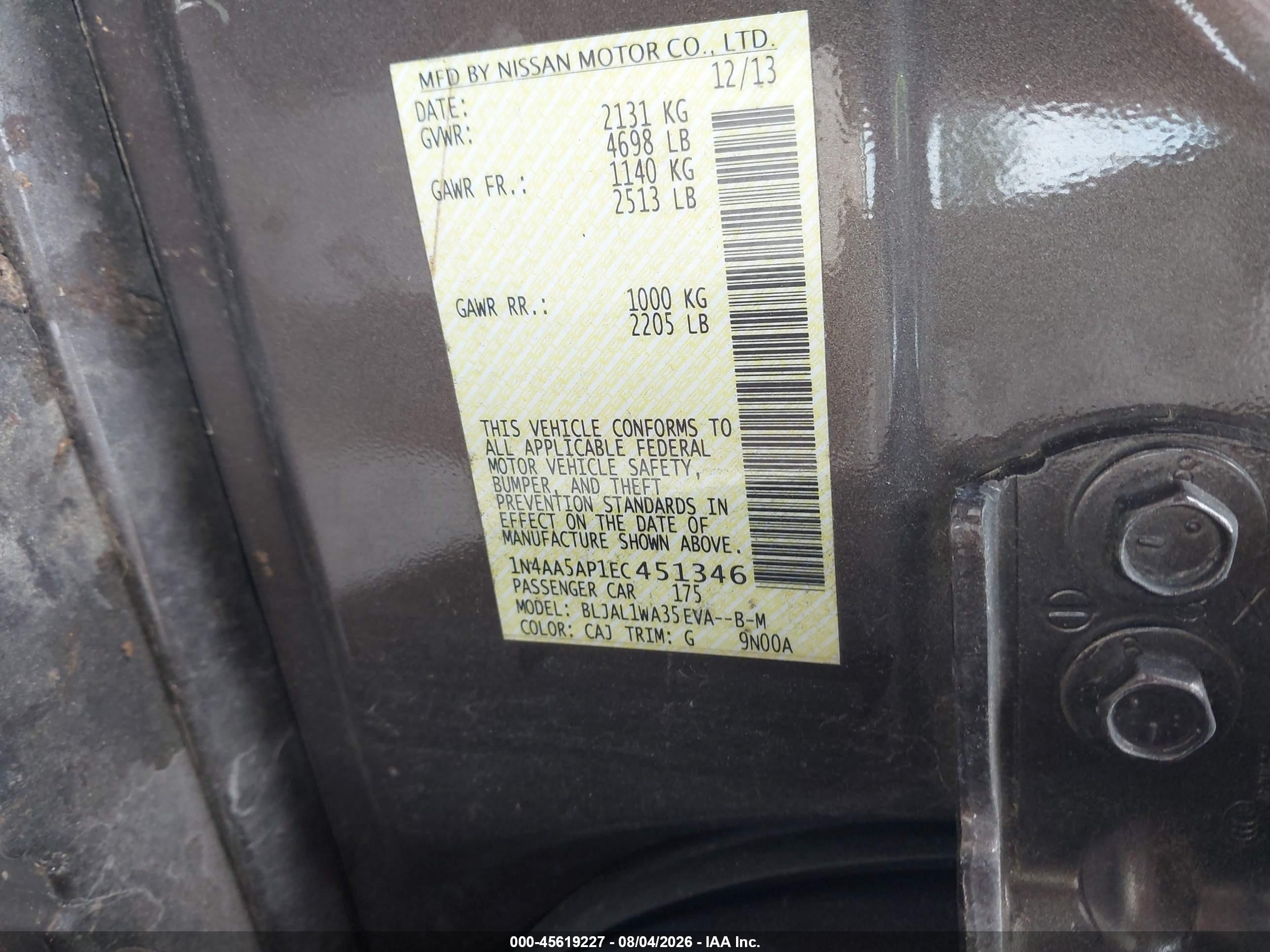2014 Nissan Maxima 3.5 Sv Gray vin: 1N4AA5AP1EC451346