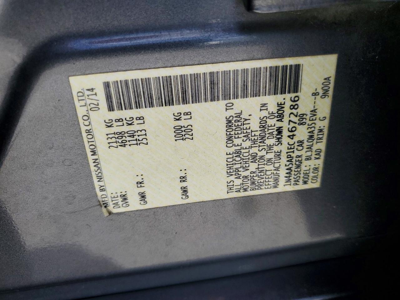 2014 Nissan Maxima 3.5 S Charcoal vin: 1N4AA5AP1EC467286
