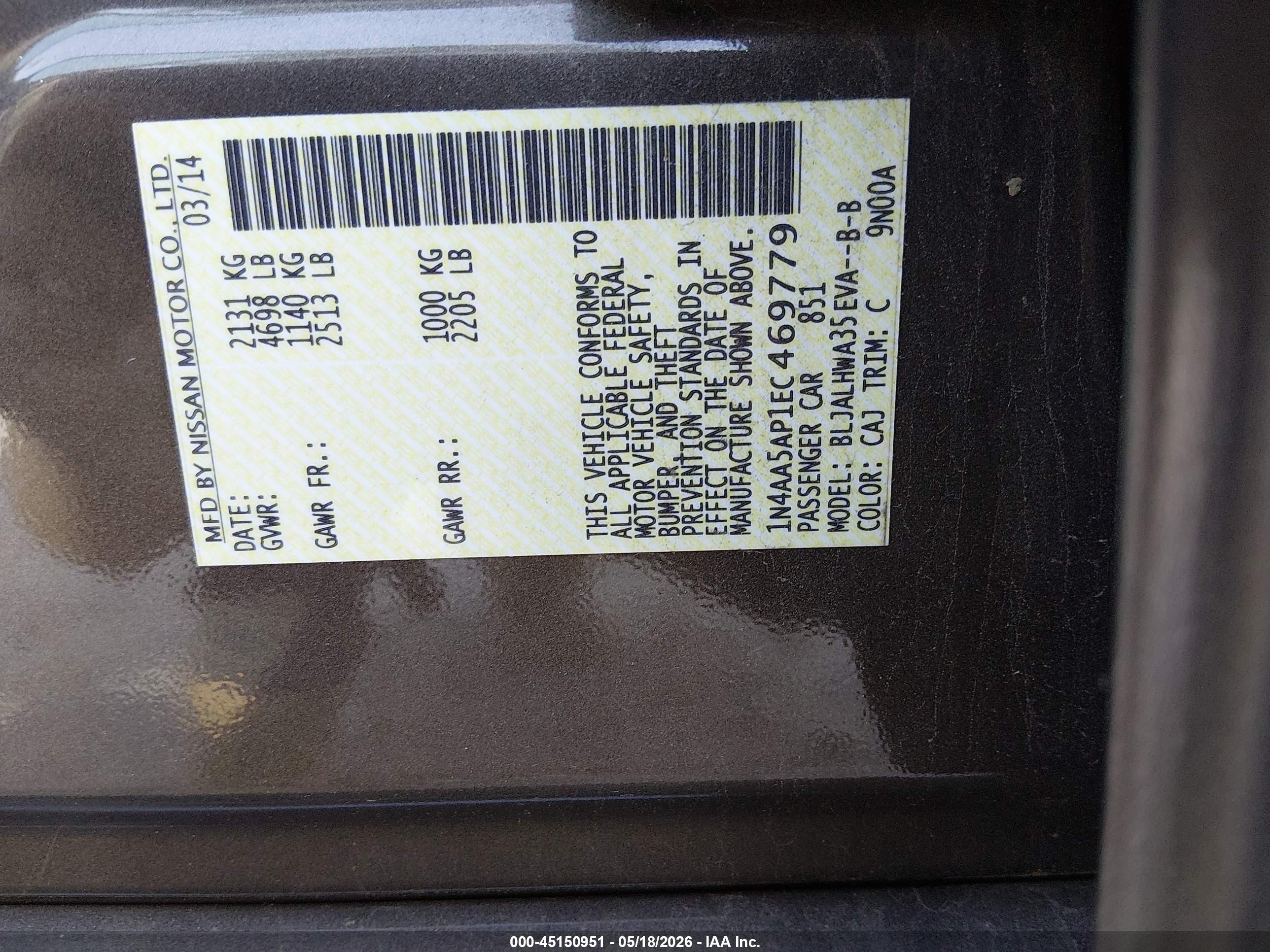 2014 Nissan Maxima 3.5 Sv Gray vin: 1N4AA5AP1EC469779