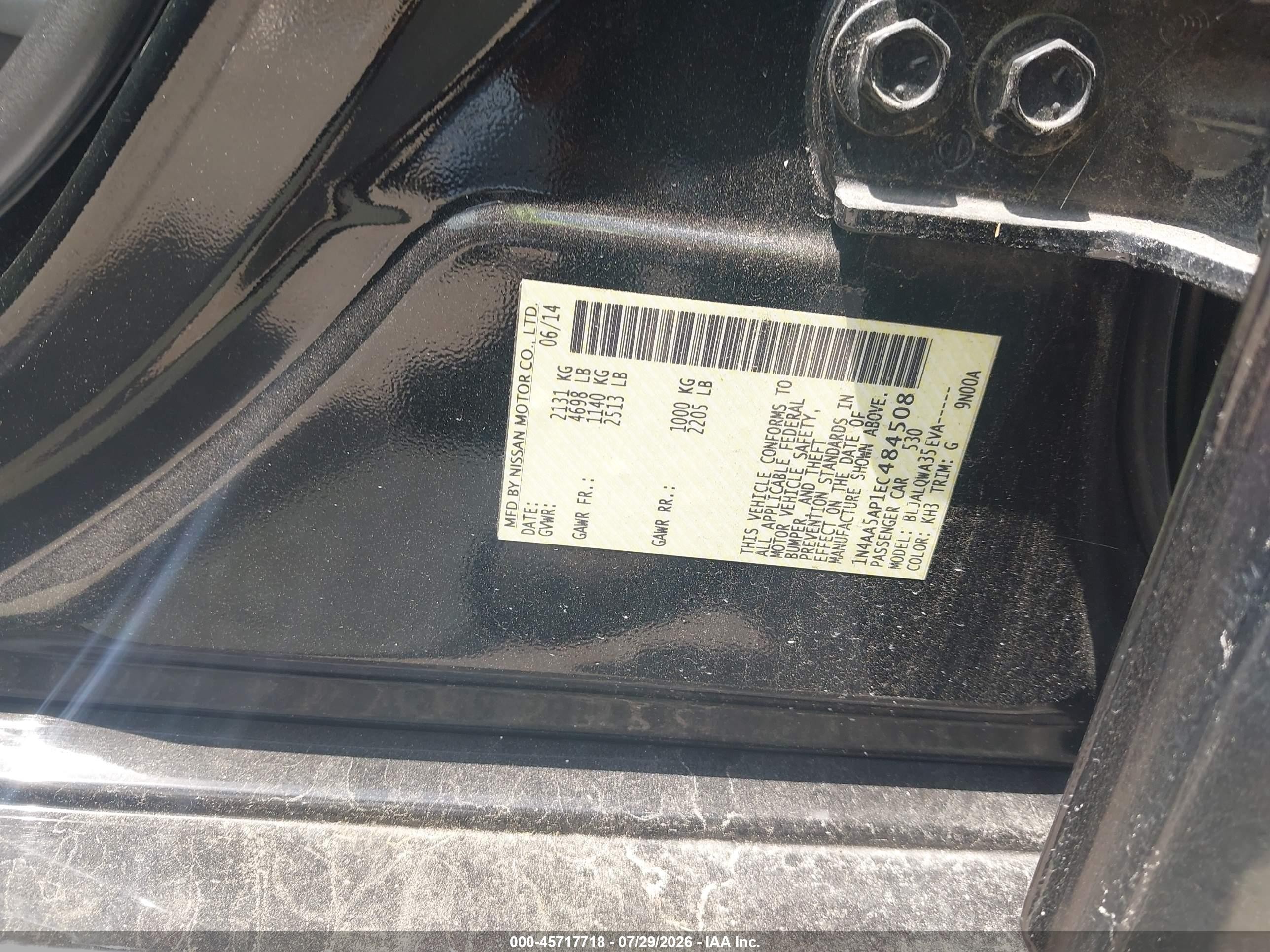 2014 Nissan Maxima 3.5 S/3.5 Sv Black vin: 1N4AA5AP1EC484508