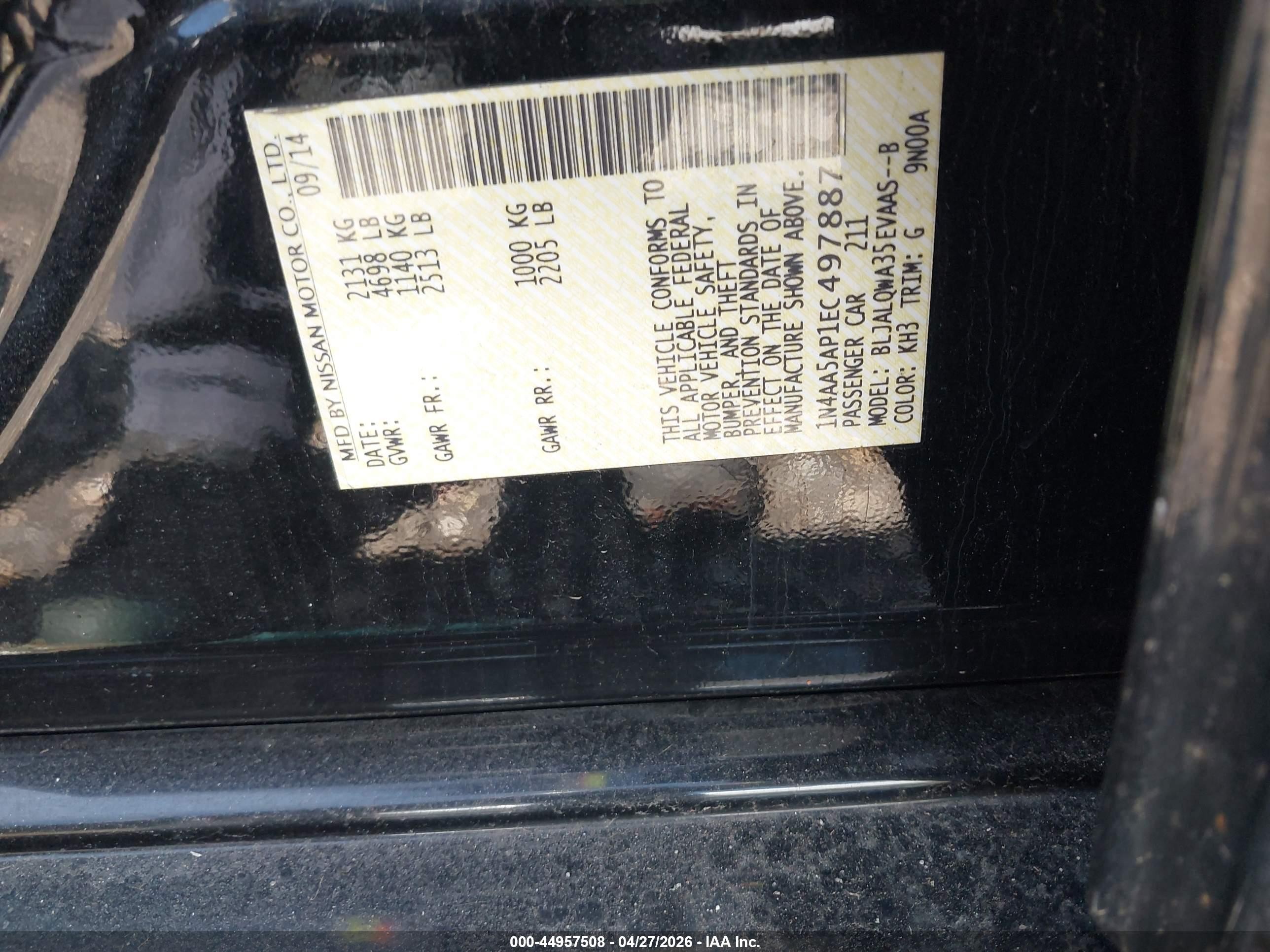 2014 Nissan Maxima 3.5 S Black vin: 1N4AA5AP1EC497887
