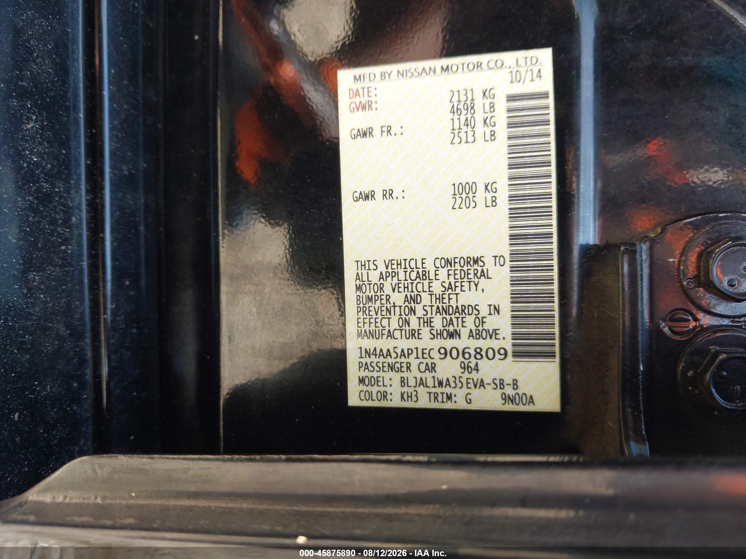 2014 Nissan Maxima 3.5 Sv Black vin: 1N4AA5AP1EC906809