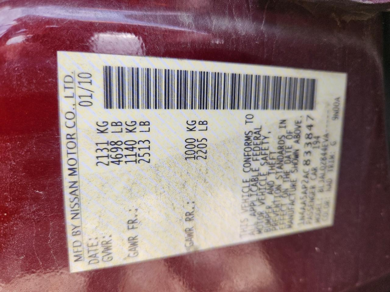 2010 Nissan Maxima 3.5 S Burgundy vin: 1N4AA5AP2AC833847