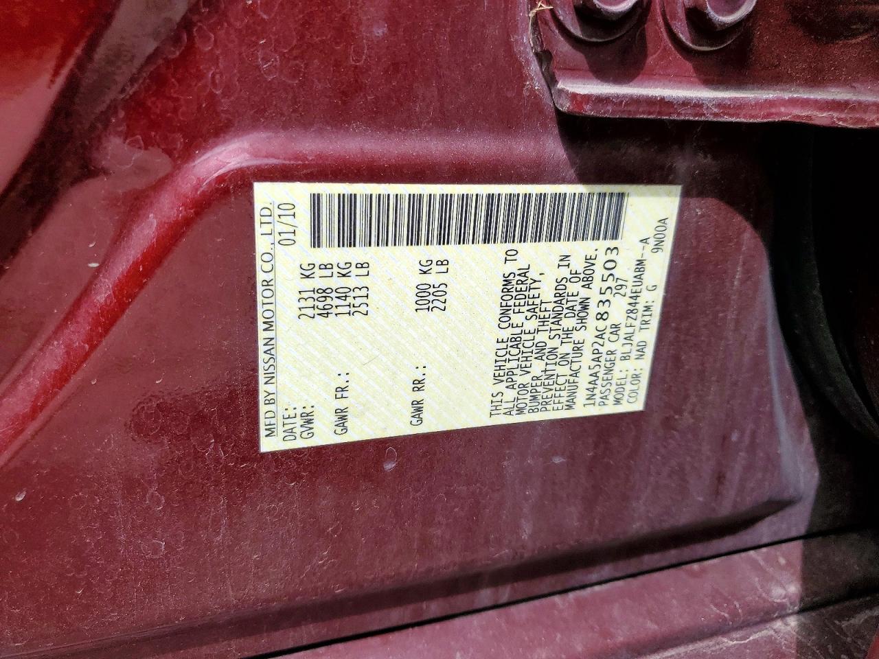 2010 Nissan Maxima 3.5 S Красный vin: 1N4AA5AP2AC835503