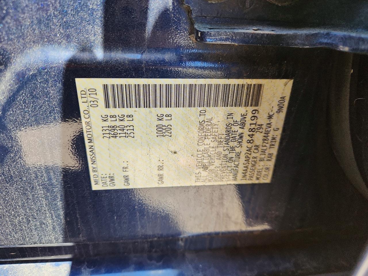 2010 Nissan Maxima 3.5 S Blue vin: 1N4AA5AP2AC848199