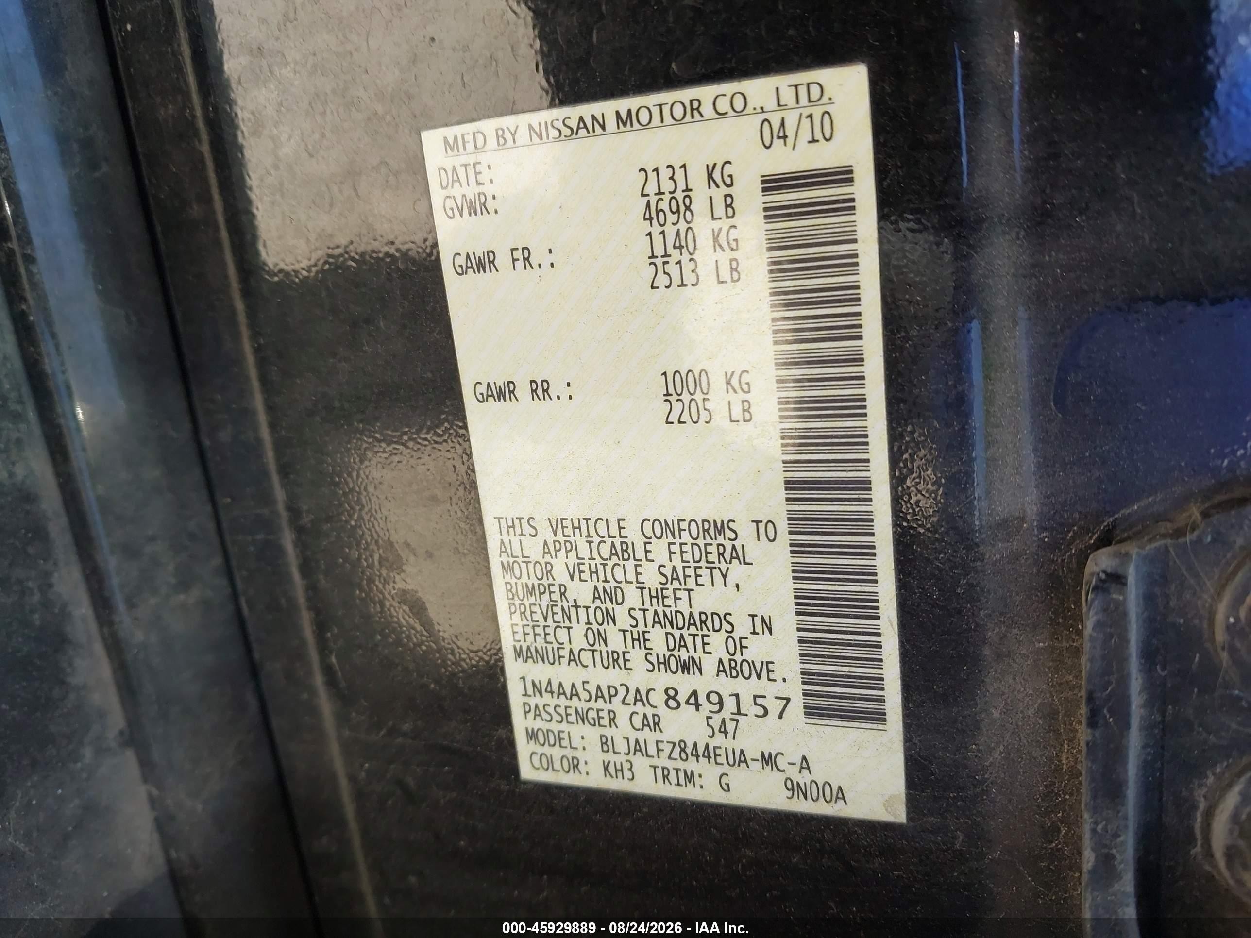 2010 Nissan Maxima 3.5 Sv Black vin: 1N4AA5AP2AC849157