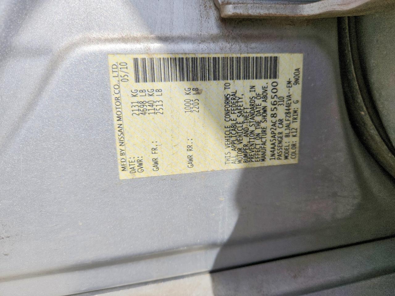 2010 Nissan Maxima 3.5 S Серебряный vin: 1N4AA5AP2AC856500