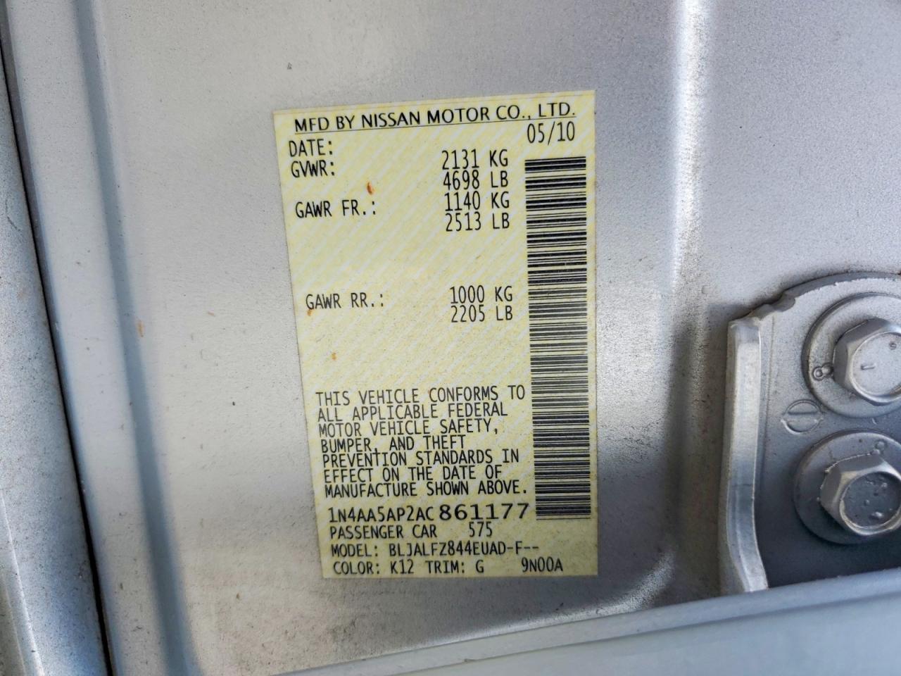 2010 Nissan Maxima S/sv Silver vin: 1N4AA5AP2AC861177