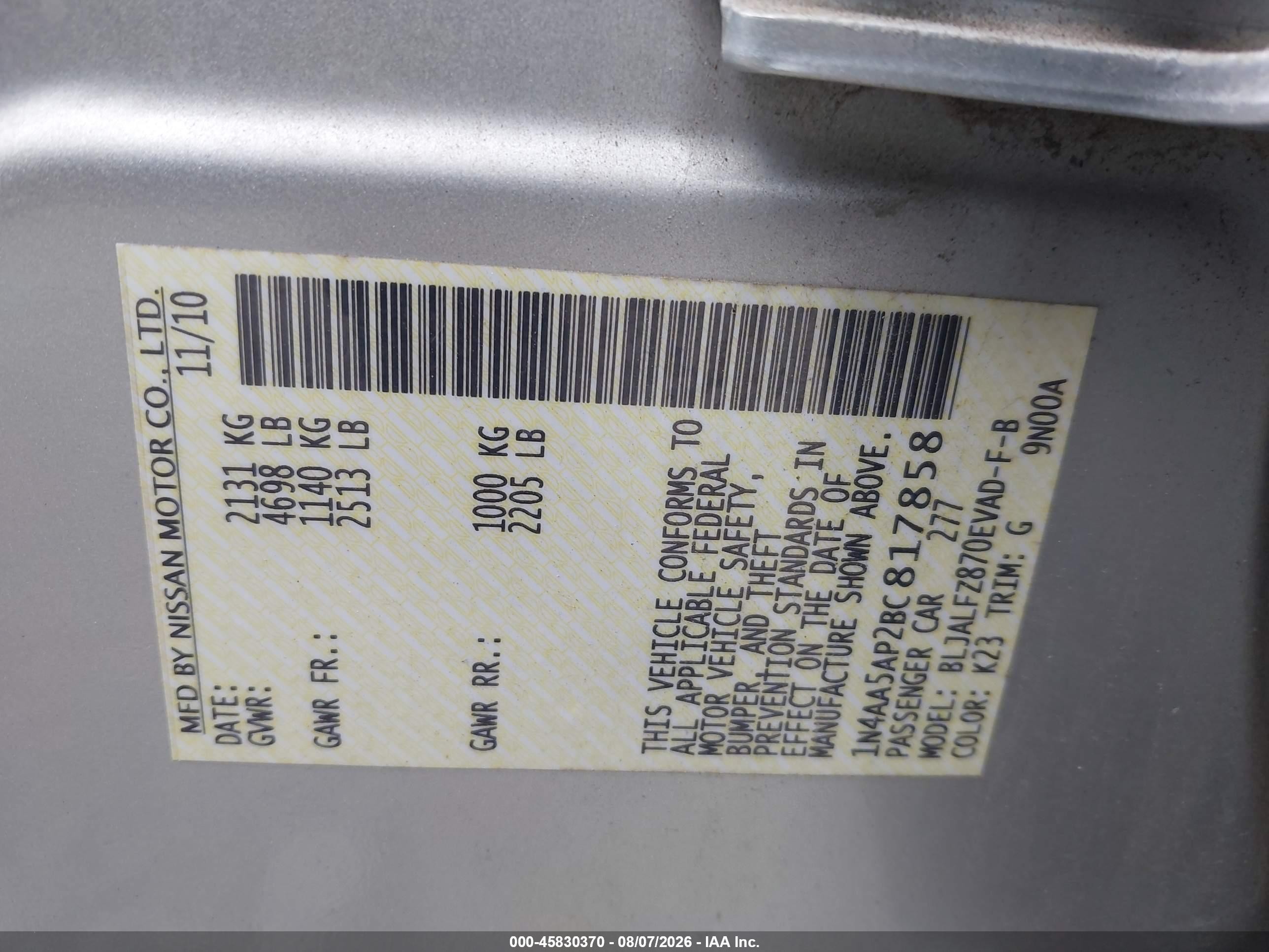 2011 Nissan Maxima 3.5 Sv Silver vin: 1N4AA5AP2BC817858