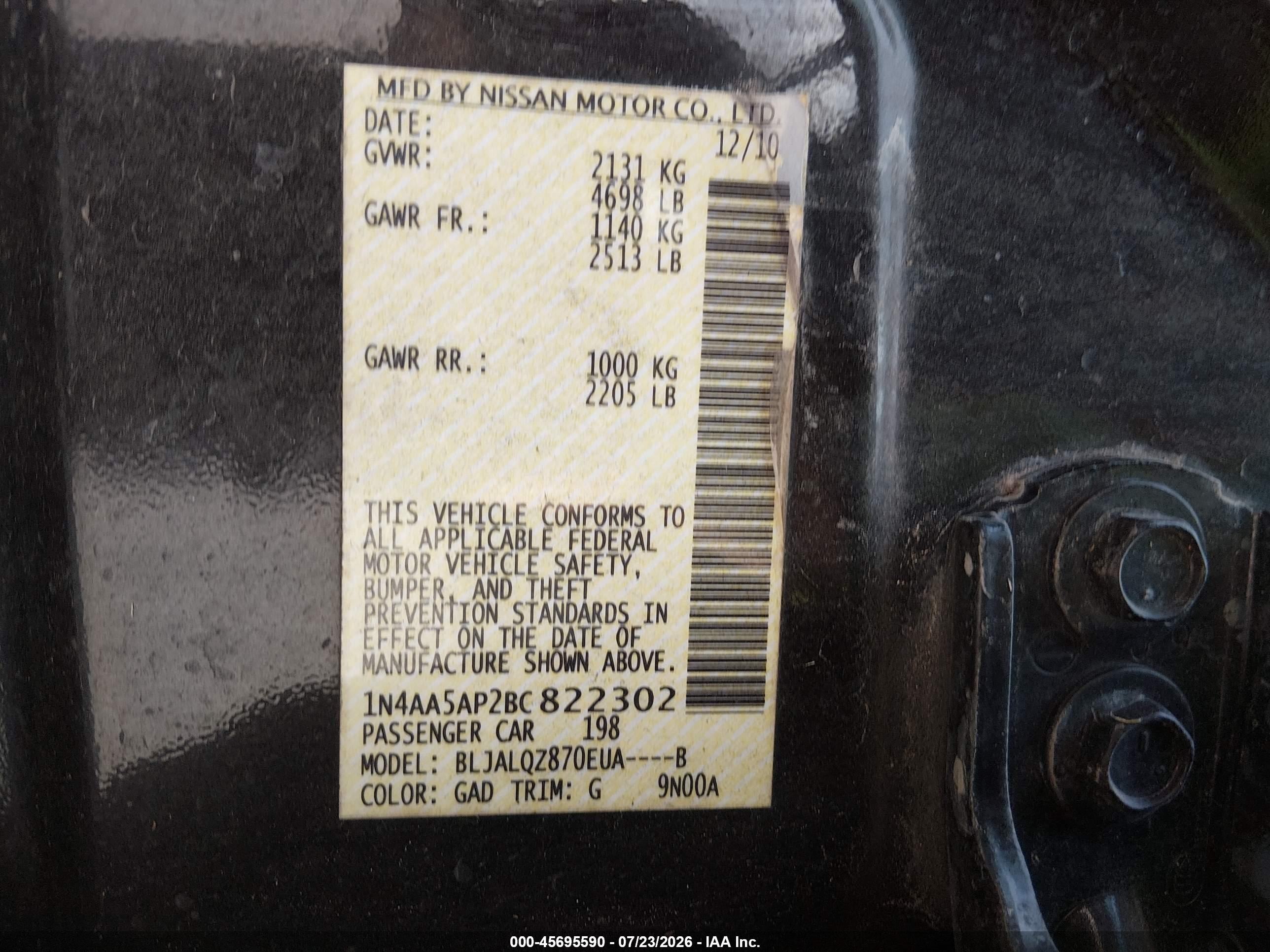 2011 Nissan Maxima 3.5 S Black vin: 1N4AA5AP2BC822302