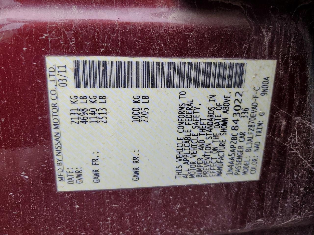 2011 Nissan Maxima S/sv Maroon vin: 1N4AA5AP2BC843022