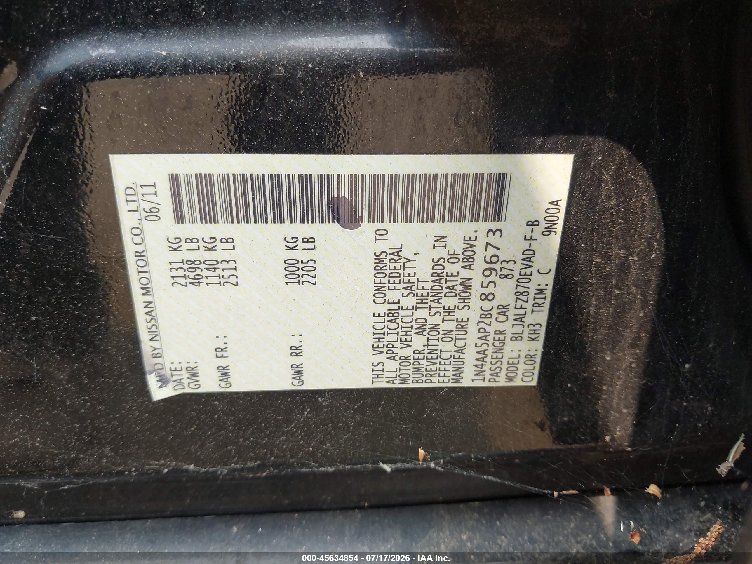 2011 Nissan Maxima 3.5 Sv Black vin: 1N4AA5AP2BC859673