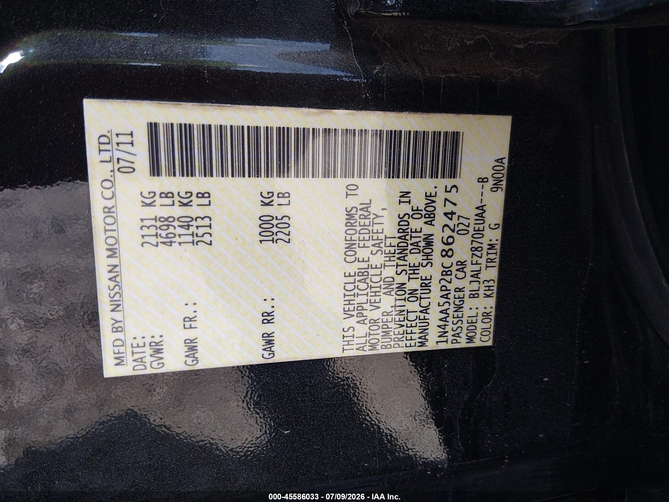 2011 Nissan Maxima 3.5 Sv Black vin: 1N4AA5AP2BC862475