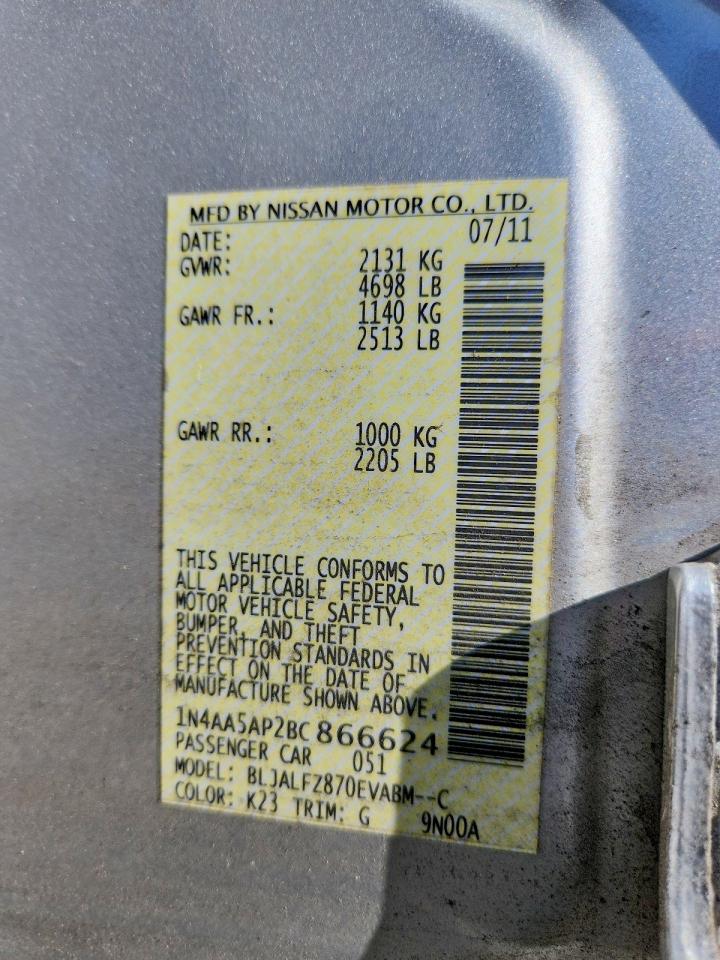 2011 Nissan Maxima 3.5 S Silver vin: 1N4AA5AP2BC866624