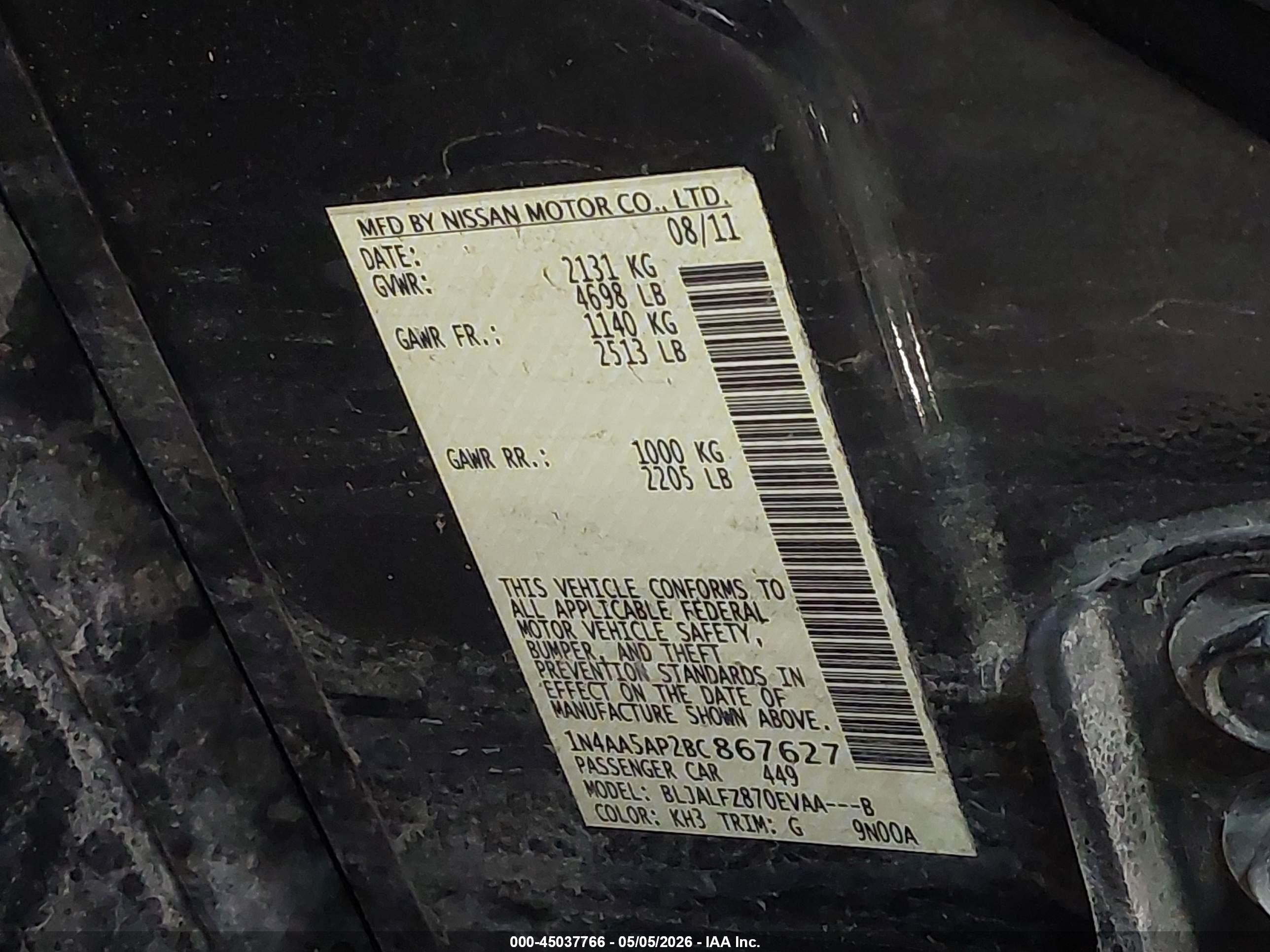 2011 Nissan Maxima 3.5 Sv Black vin: 1N4AA5AP2BC867627