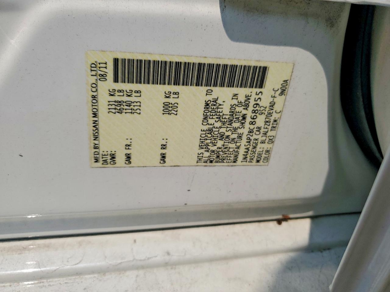 2011 Nissan Maxima 3.5 S White vin: 1N4AA5AP2BC868955