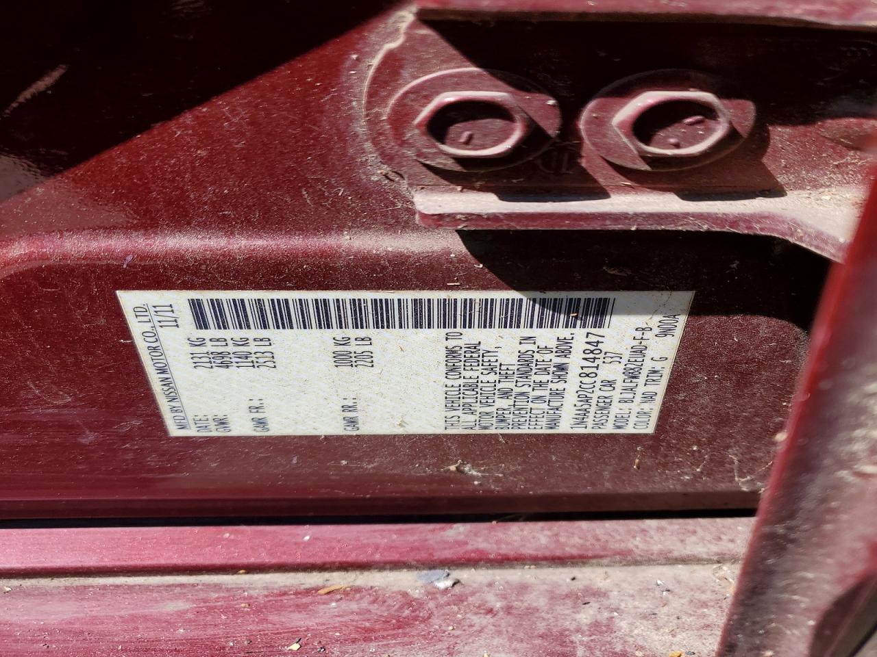 2012 Niss Maxima 3.5 S Burgundy vin: 1N4AA5AP2CC814847