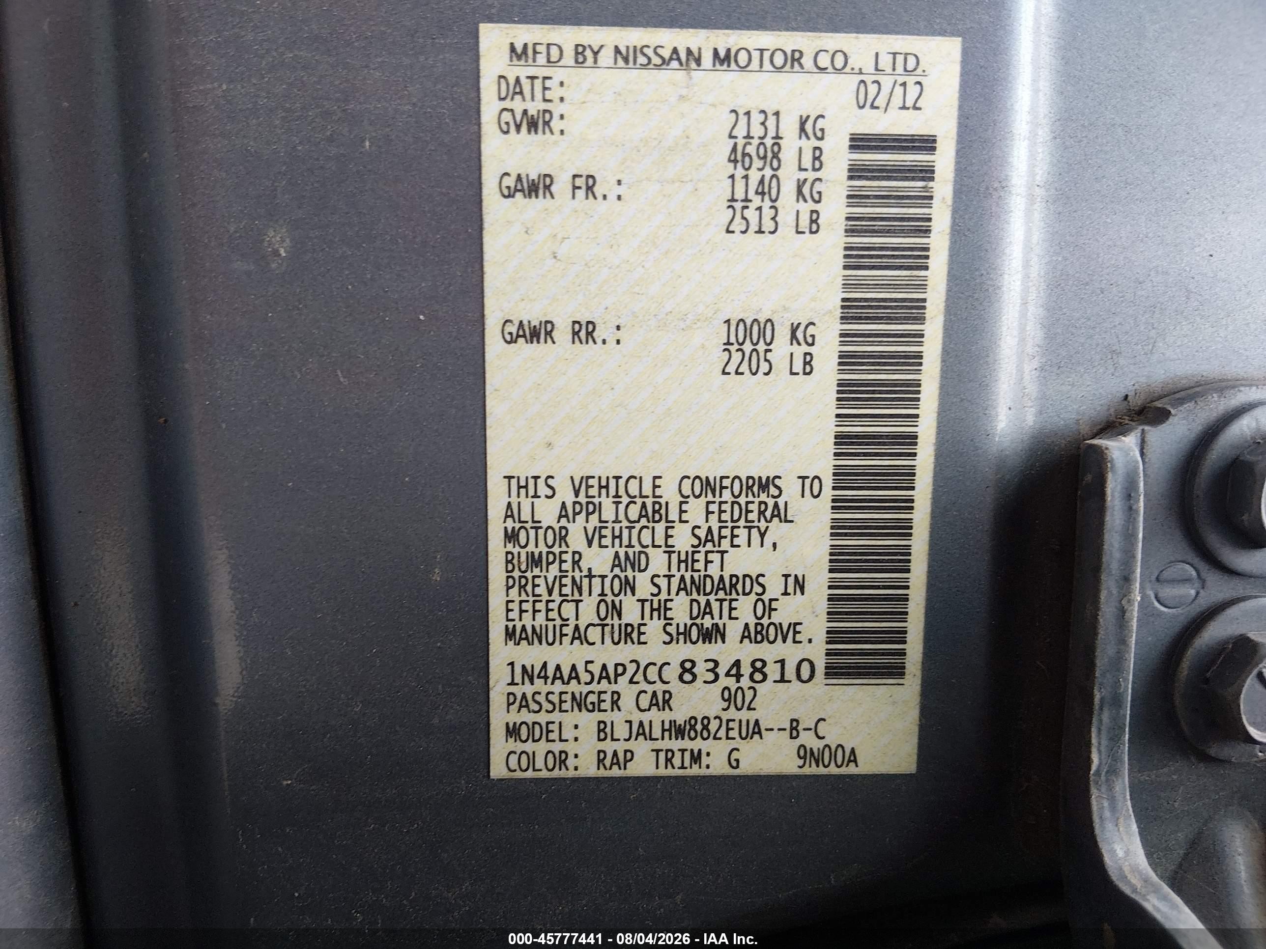 2012 Nissan Maxima 3.5 Sv Blue vin: 1N4AA5AP2CC834810