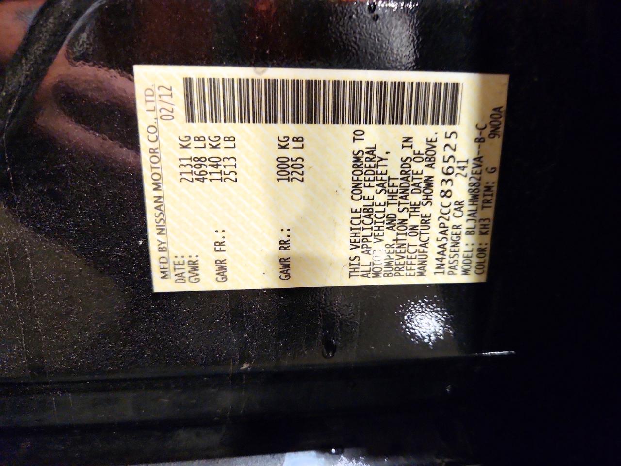 2012 Nissan Maxima S/sv Black vin: 1N4AA5AP2CC836525