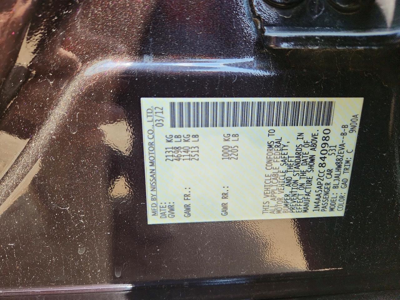 2012 Nissan Maxima S Purple vin: 1N4AA5AP2CC840980