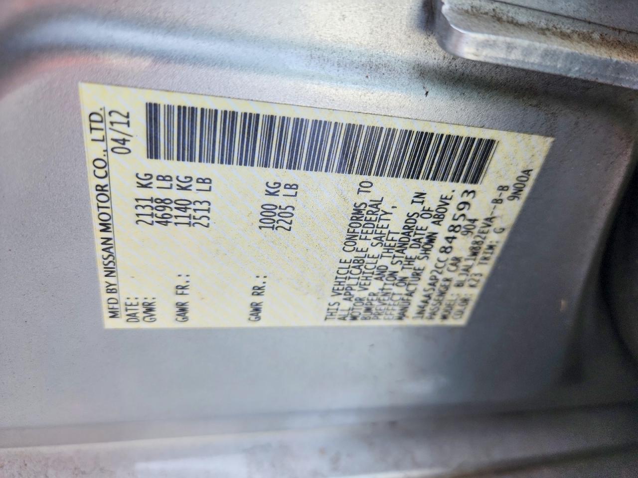 2012 Nissan Maxima 3.5 S Silver vin: 1N4AA5AP2CC848593