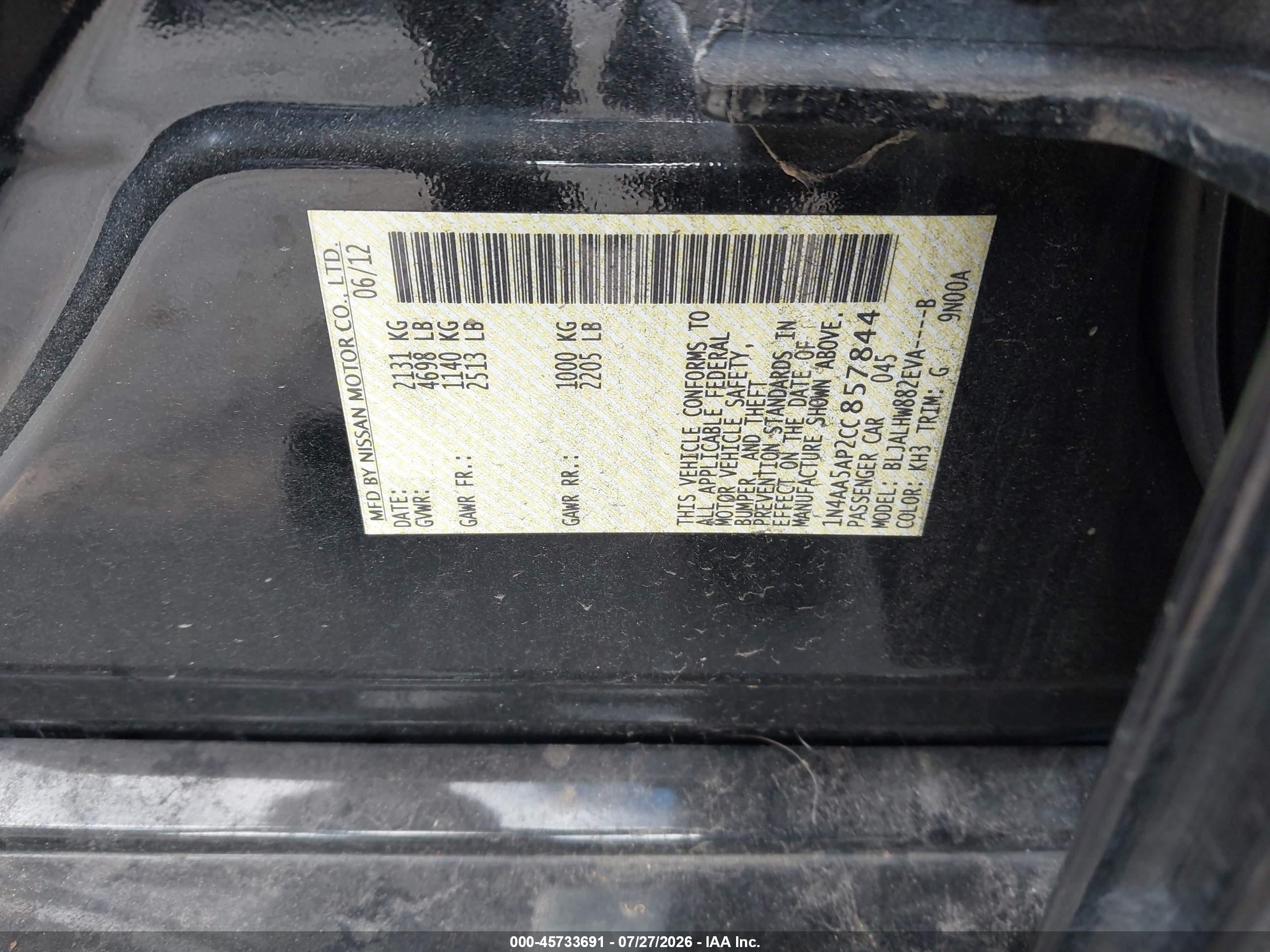2012 Nissan Maxima 3.5 Sv Black vin: 1N4AA5AP2CC857844
