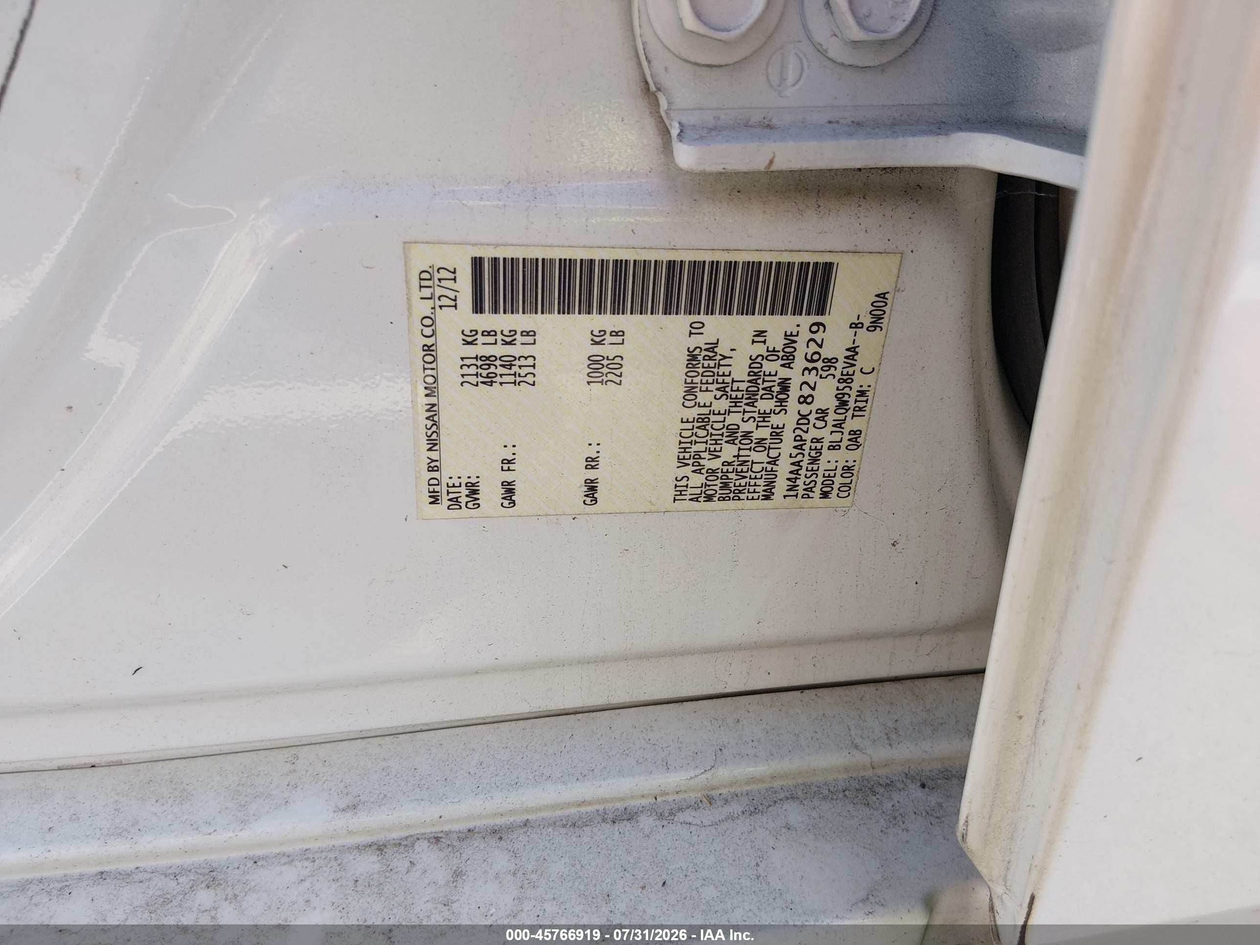 2013 Nissan Maxima 3.5 S Белый vin: 1N4AA5AP2DC823629