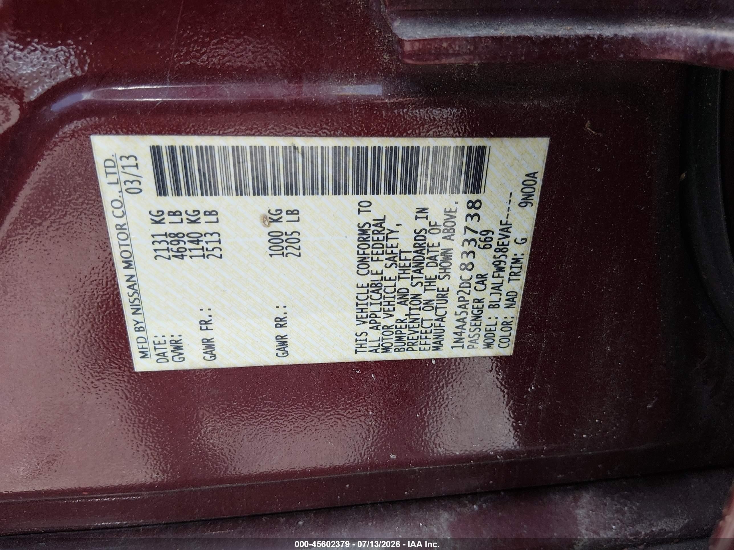 2013 Nissan Maxima 3.5 Sv Red vin: 1N4AA5AP2DC833738