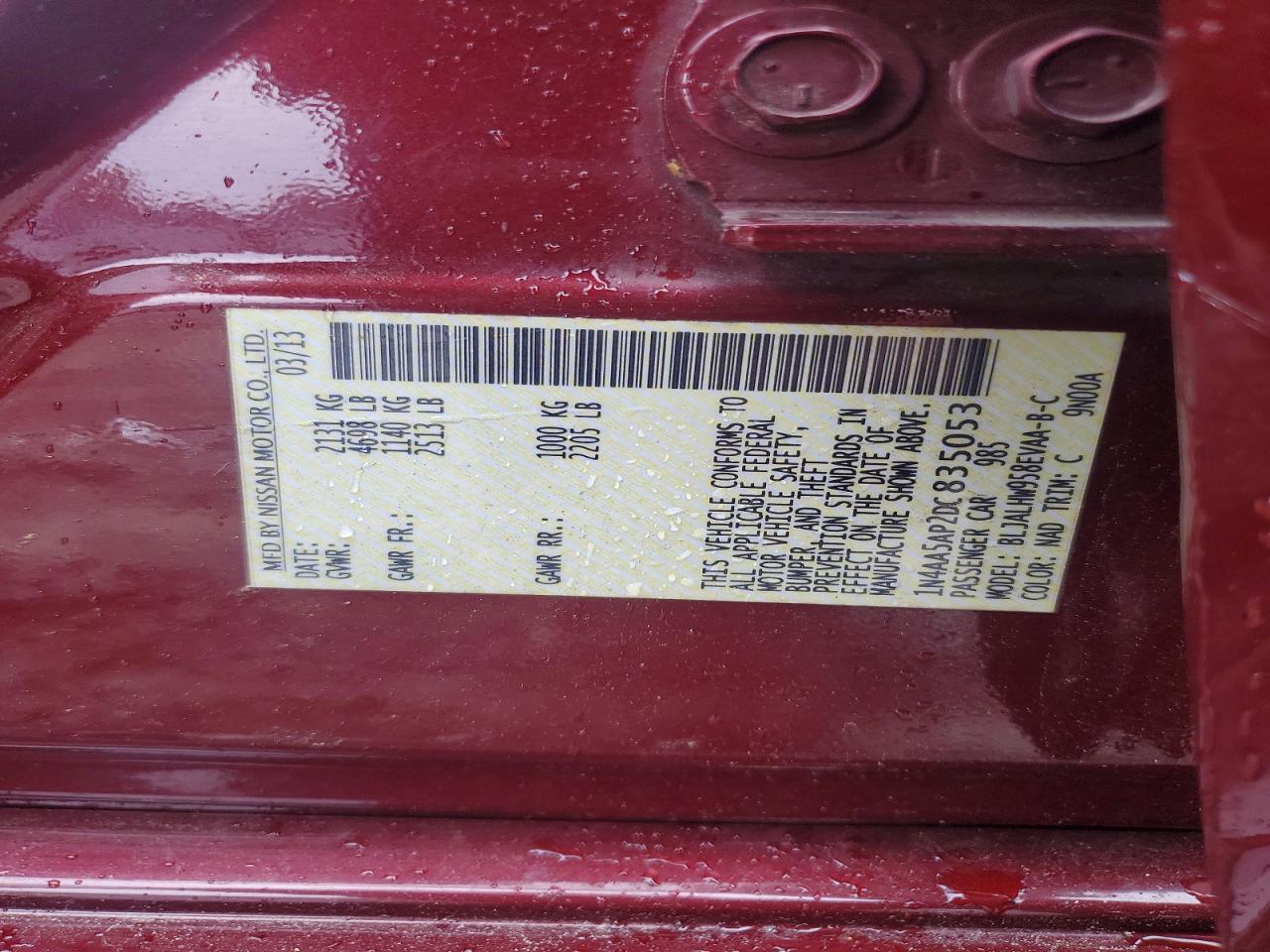 2013 Nissan Maxima 3.5 Sv Burgundy vin: 1N4AA5AP2DC835053