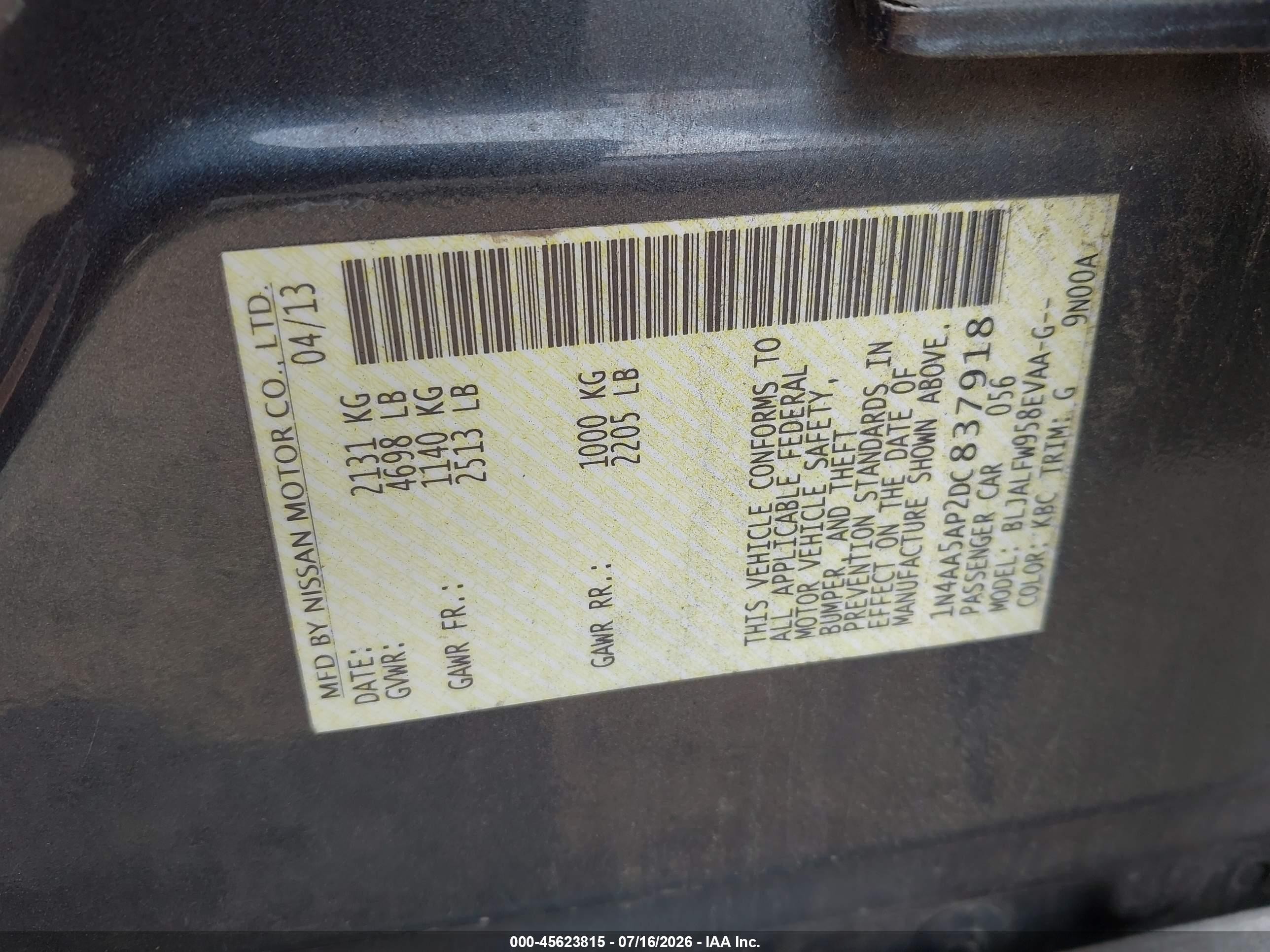 2013 Nissan Maxima 3.5 Sv Gray vin: 1N4AA5AP2DC837918