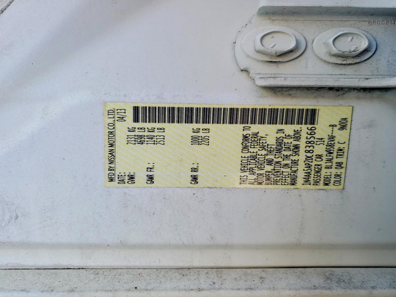 2013 Nissan Maxima 3.5 S White vin: 1N4AA5AP2DC838566