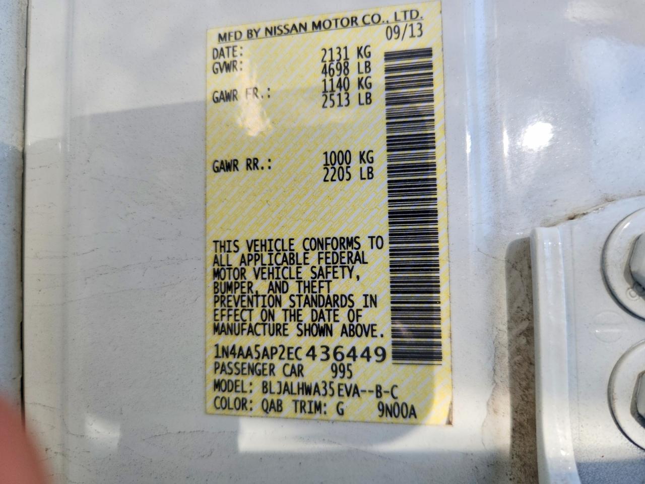 2014 Nissan Maxima 3.5 Sv White vin: 1N4AA5AP2EC436449