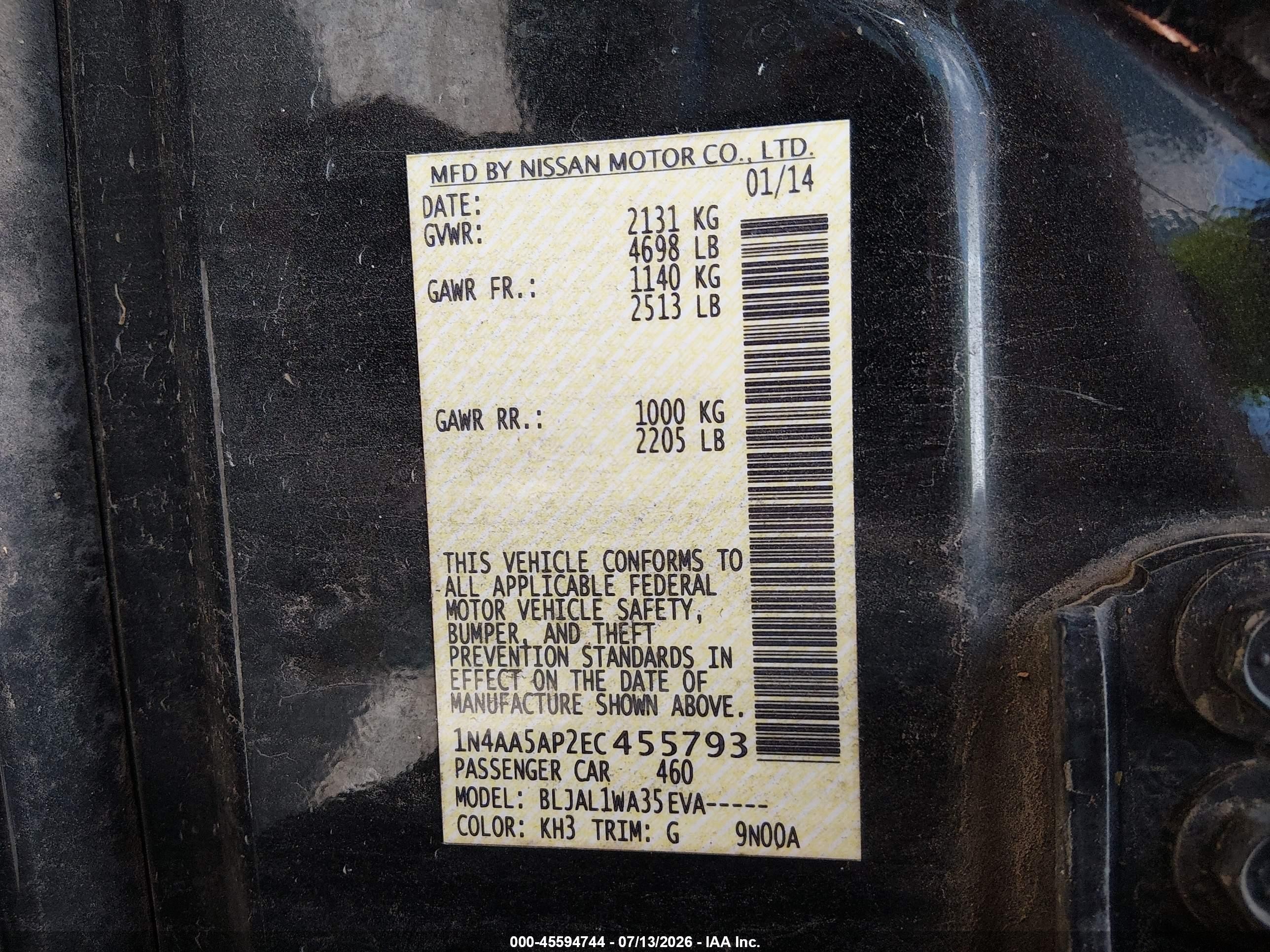 2014 Nissan Maxima 3.5 S/3.5 Sv Black vin: 1N4AA5AP2EC455793