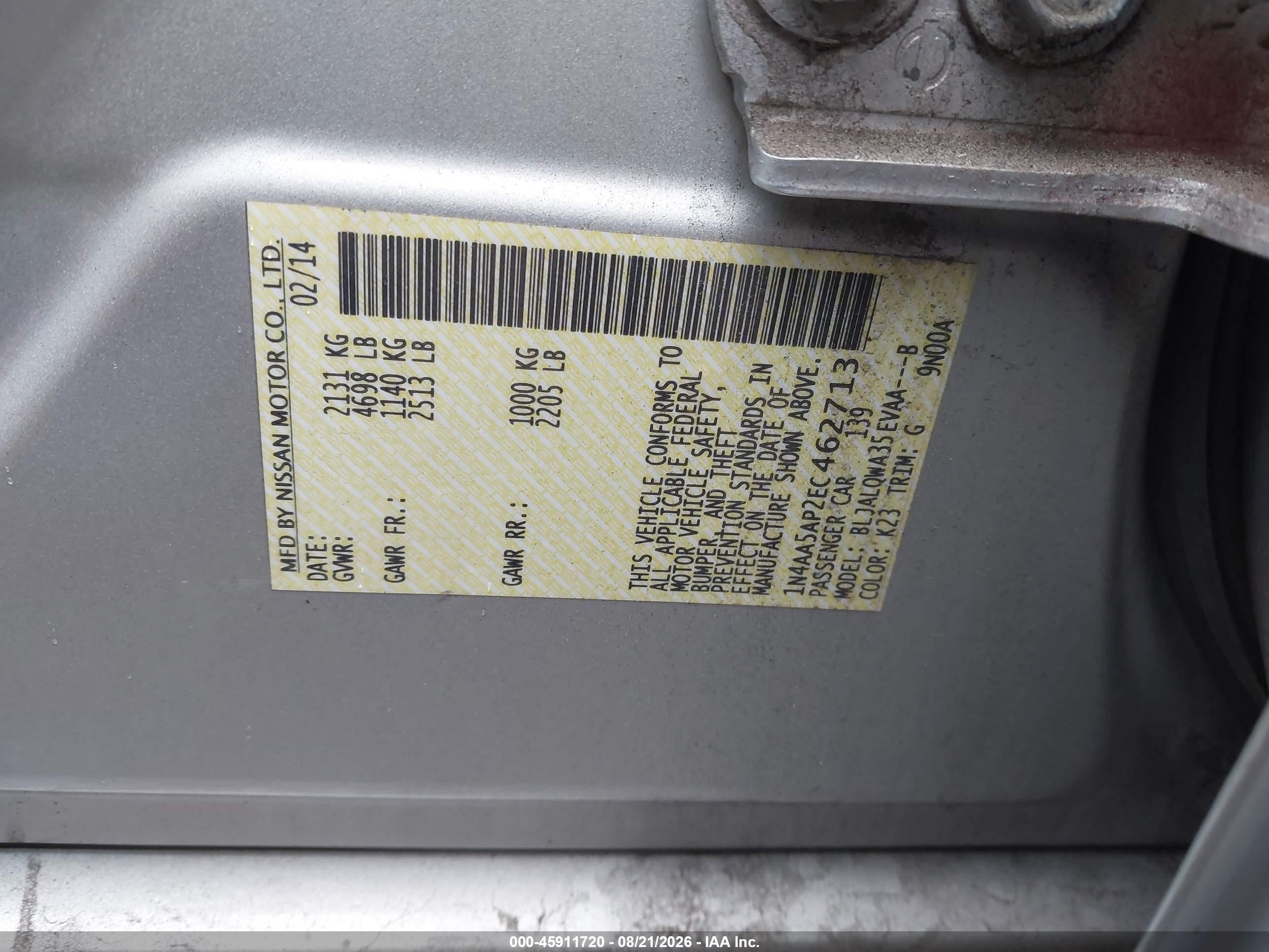 2014 Nissan Maxima 3.5 S Silver vin: 1N4AA5AP2EC462713