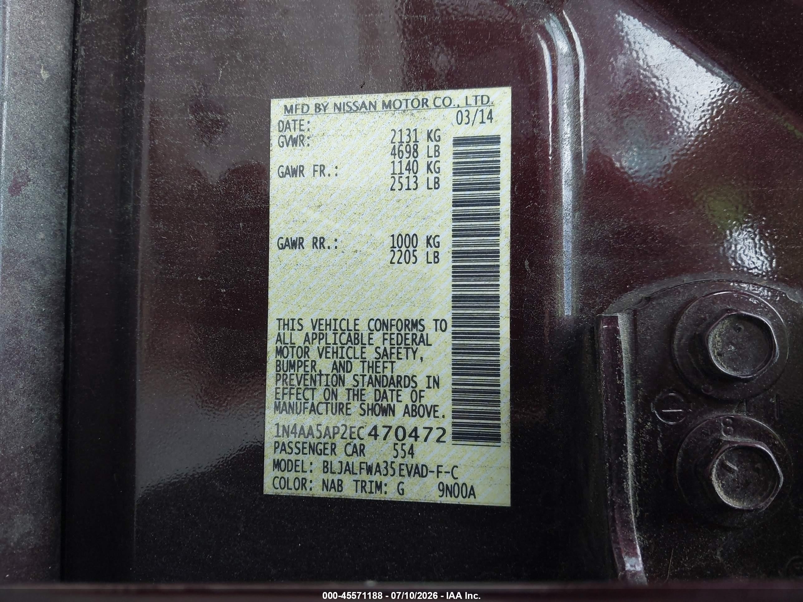 2014 Nissan Maxima 3.5 Sv Maroon vin: 1N4AA5AP2EC470472
