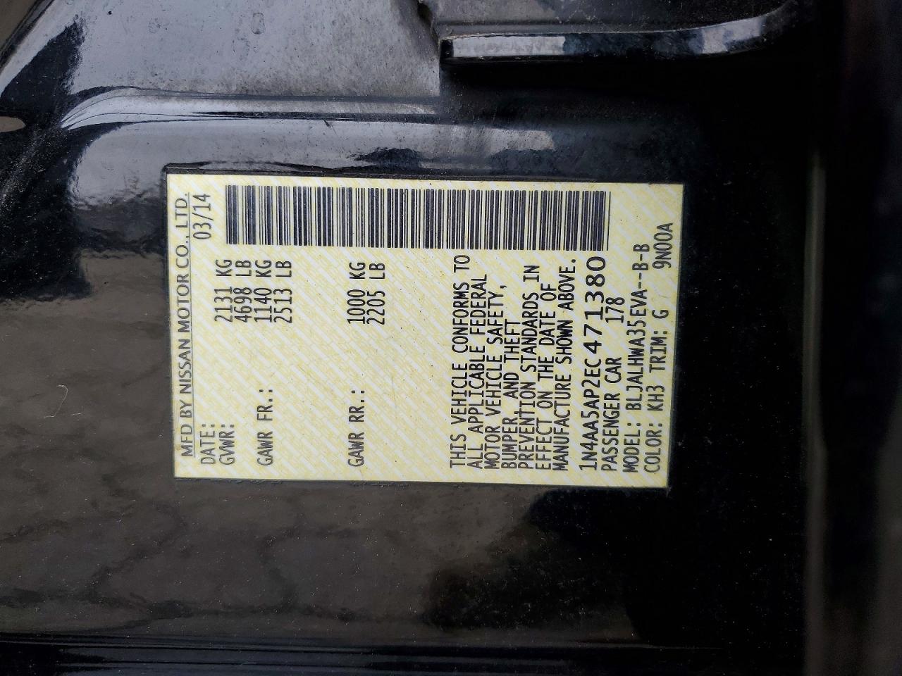 2014 Nissan Maxima 3.5 Sv Черный vin: 1N4AA5AP2EC471380