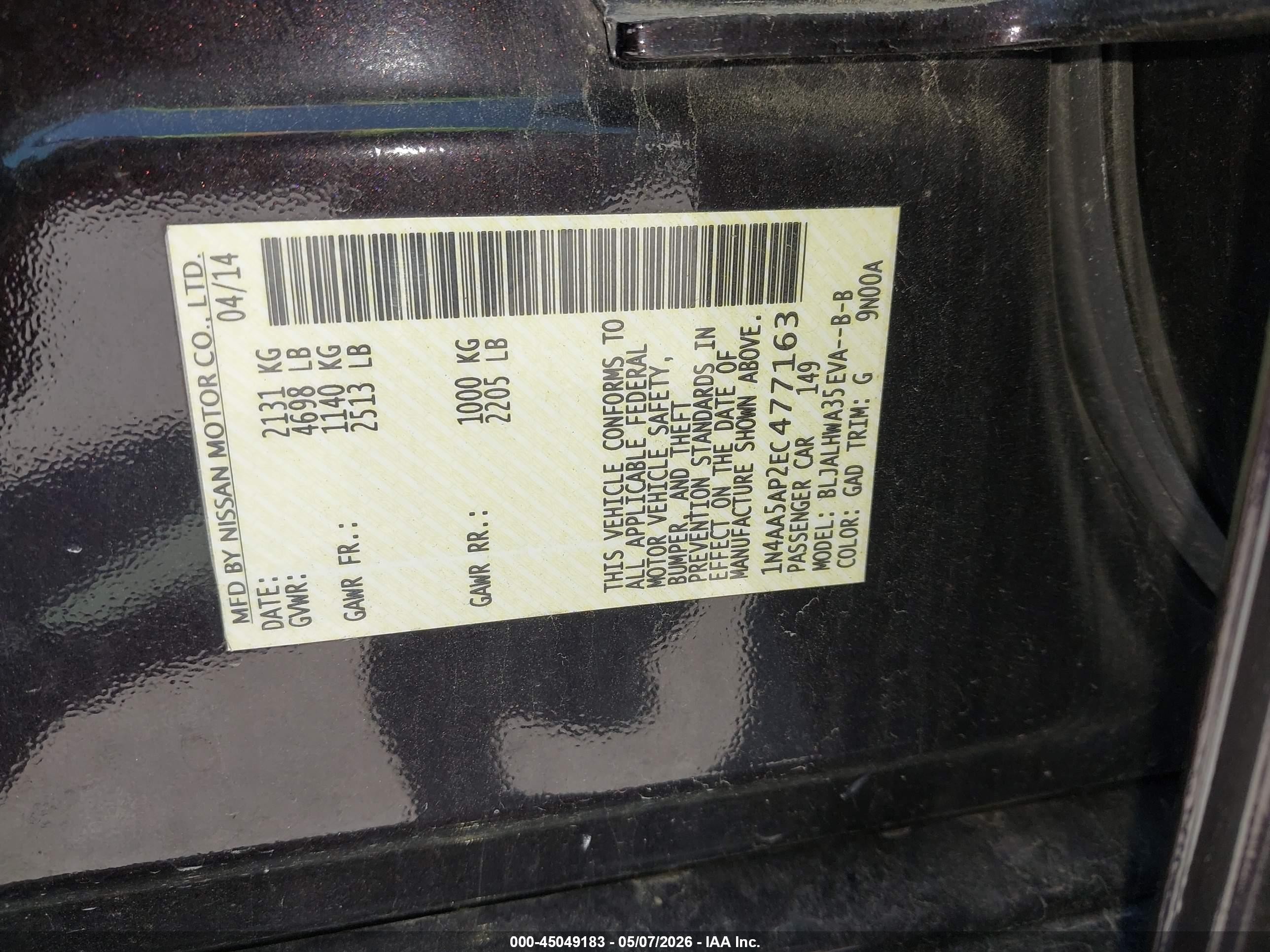 2014 Nissan Maxima 3.5 Sv Burgundy vin: 1N4AA5AP2EC477163