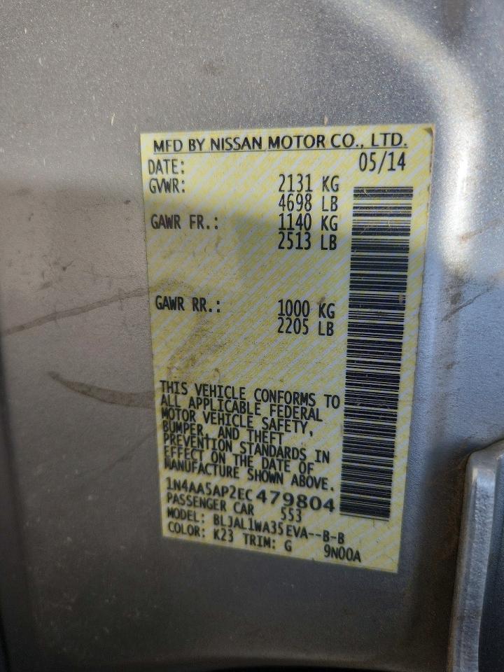 2014 Nissan Maxima 3.5 Sv Silver vin: 1N4AA5AP2EC479804