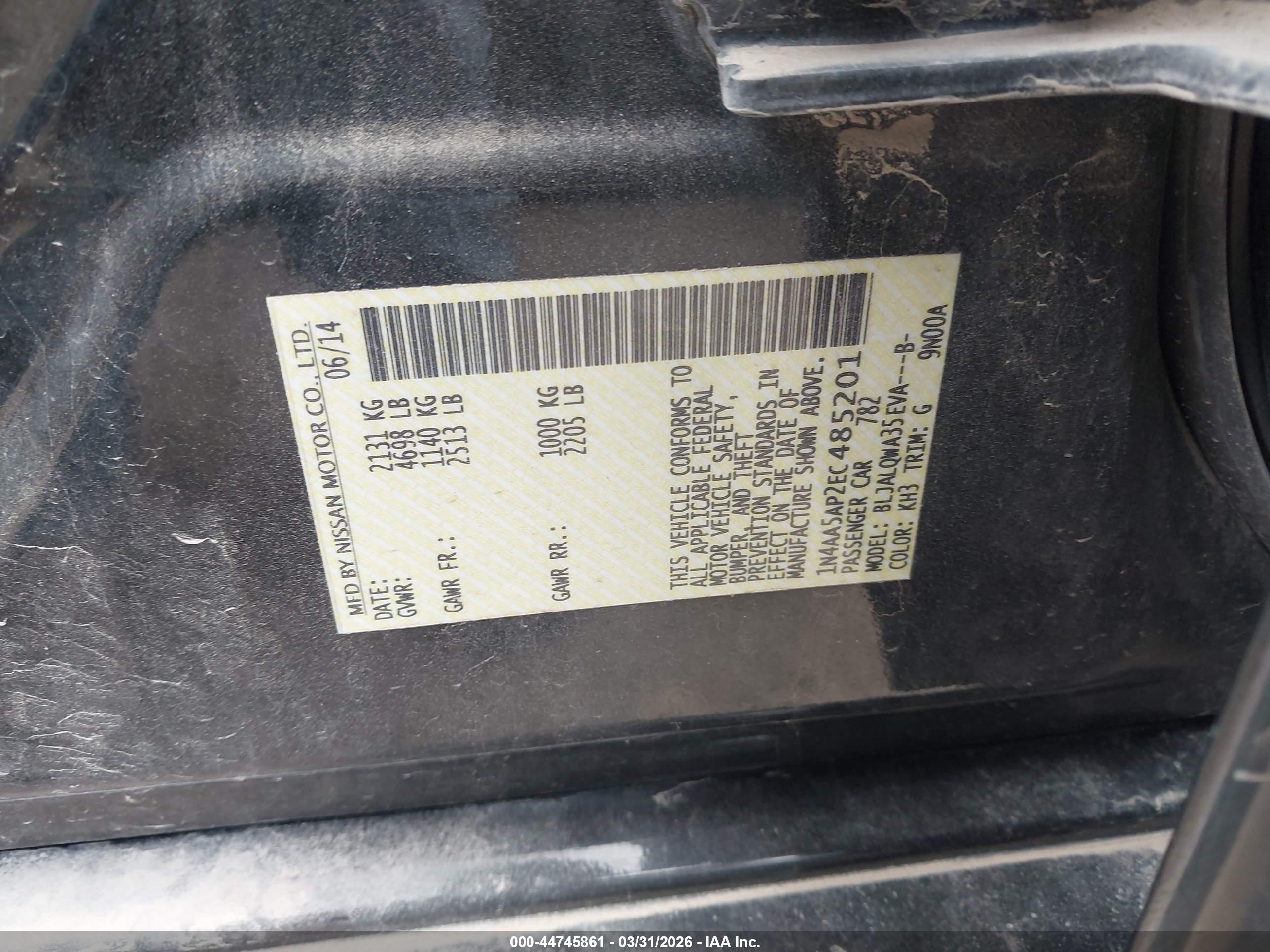 2014 Nissan Maxima 3.5 S/3.5 Sv Black vin: 1N4AA5AP2EC485201