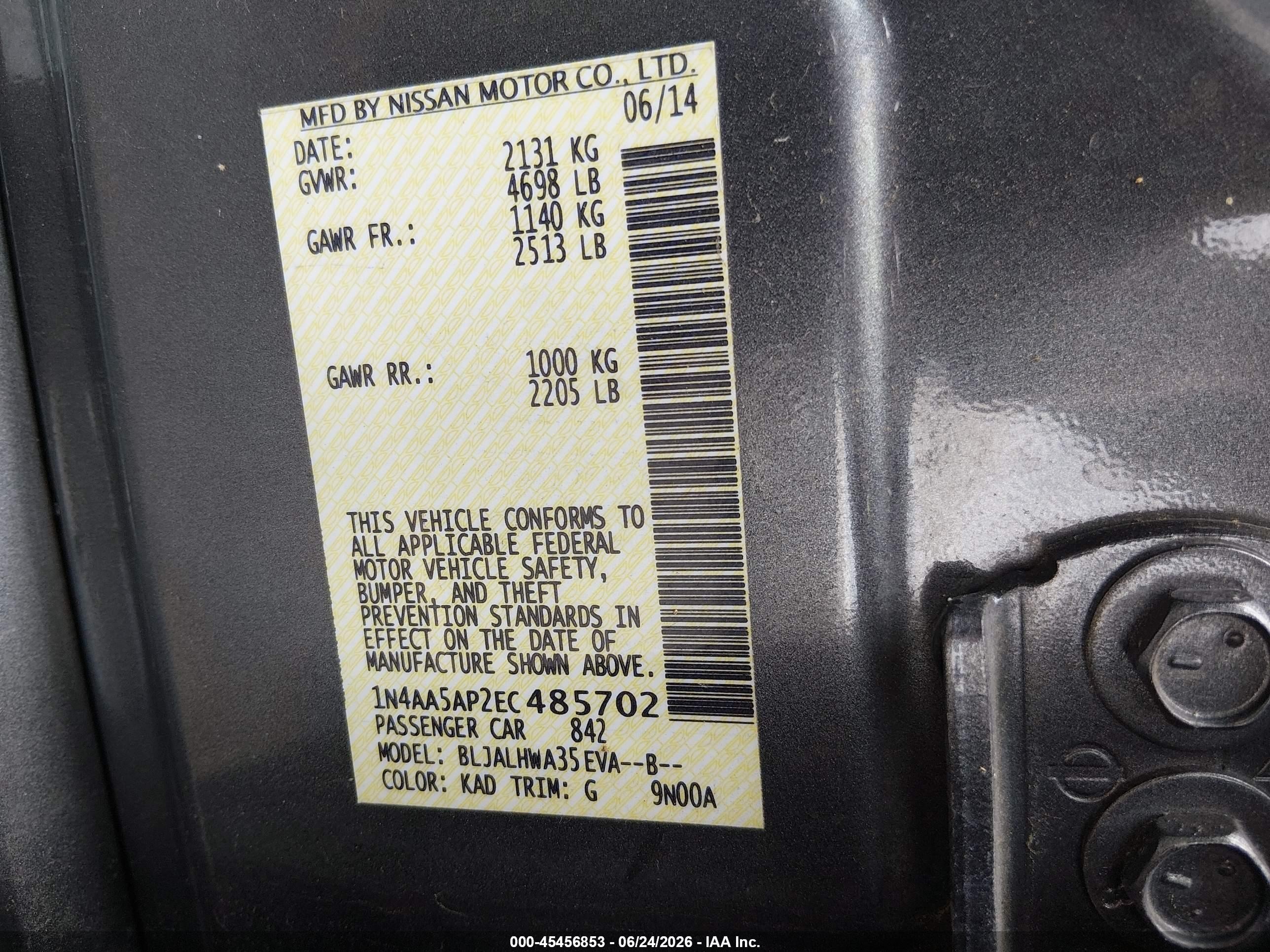 2014 Nissan Maxima 3.5 Sv Gray vin: 1N4AA5AP2EC485702