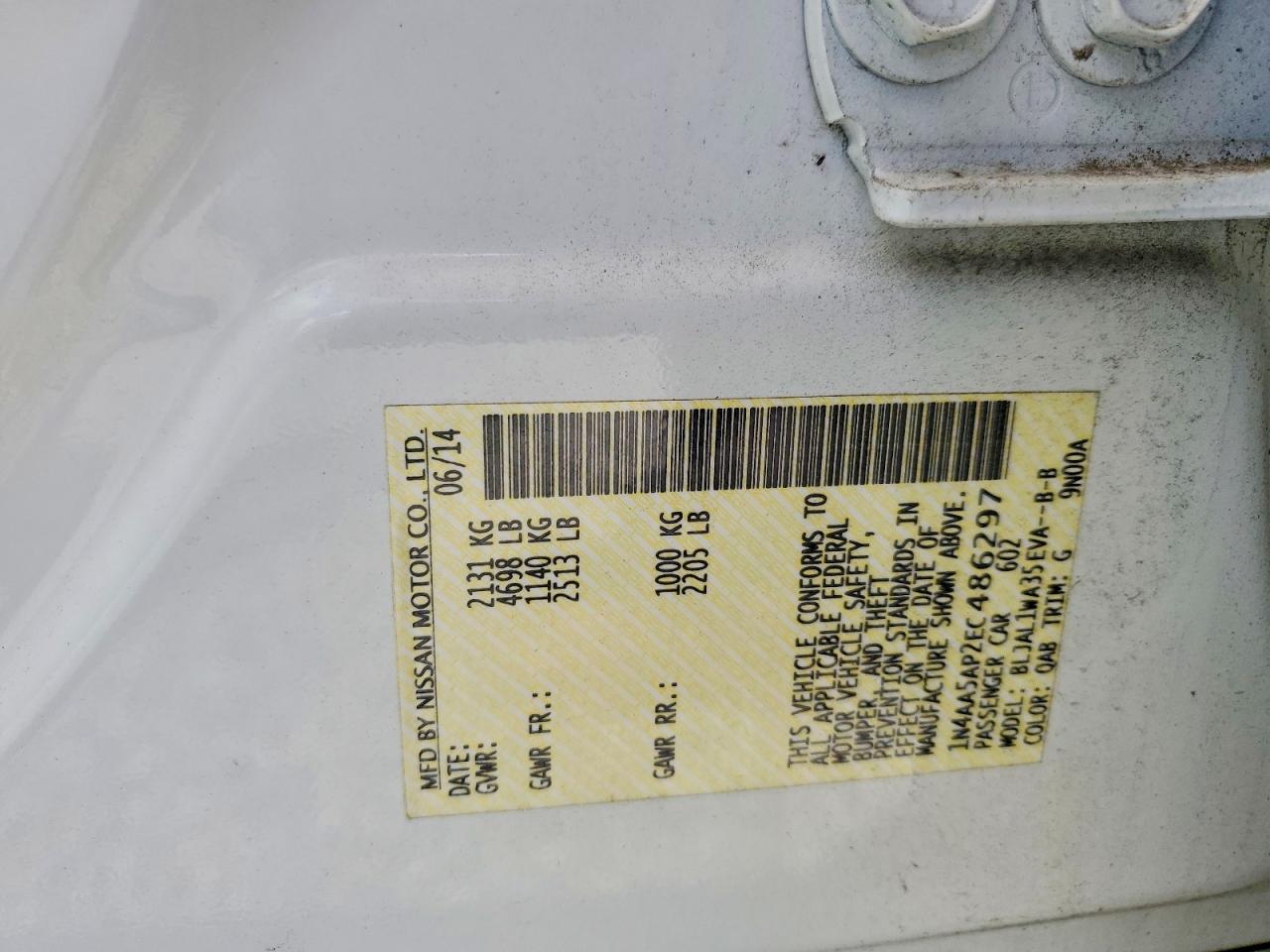 2014 Nissan Maxima 3.5 Sv Белый vin: 1N4AA5AP2EC486297