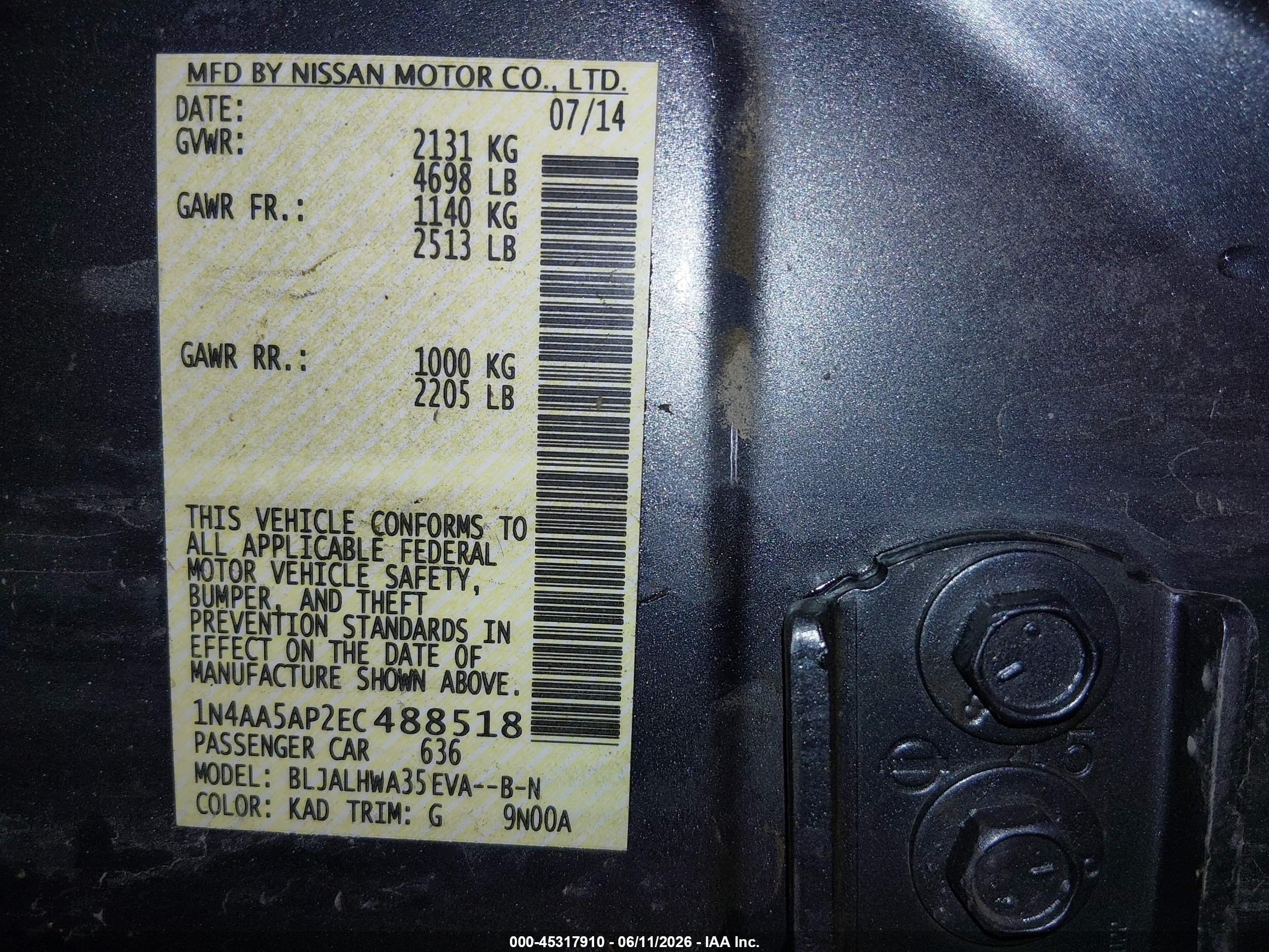 2014 Nissan Maxima 3.5 Sv Gray vin: 1N4AA5AP2EC488518
