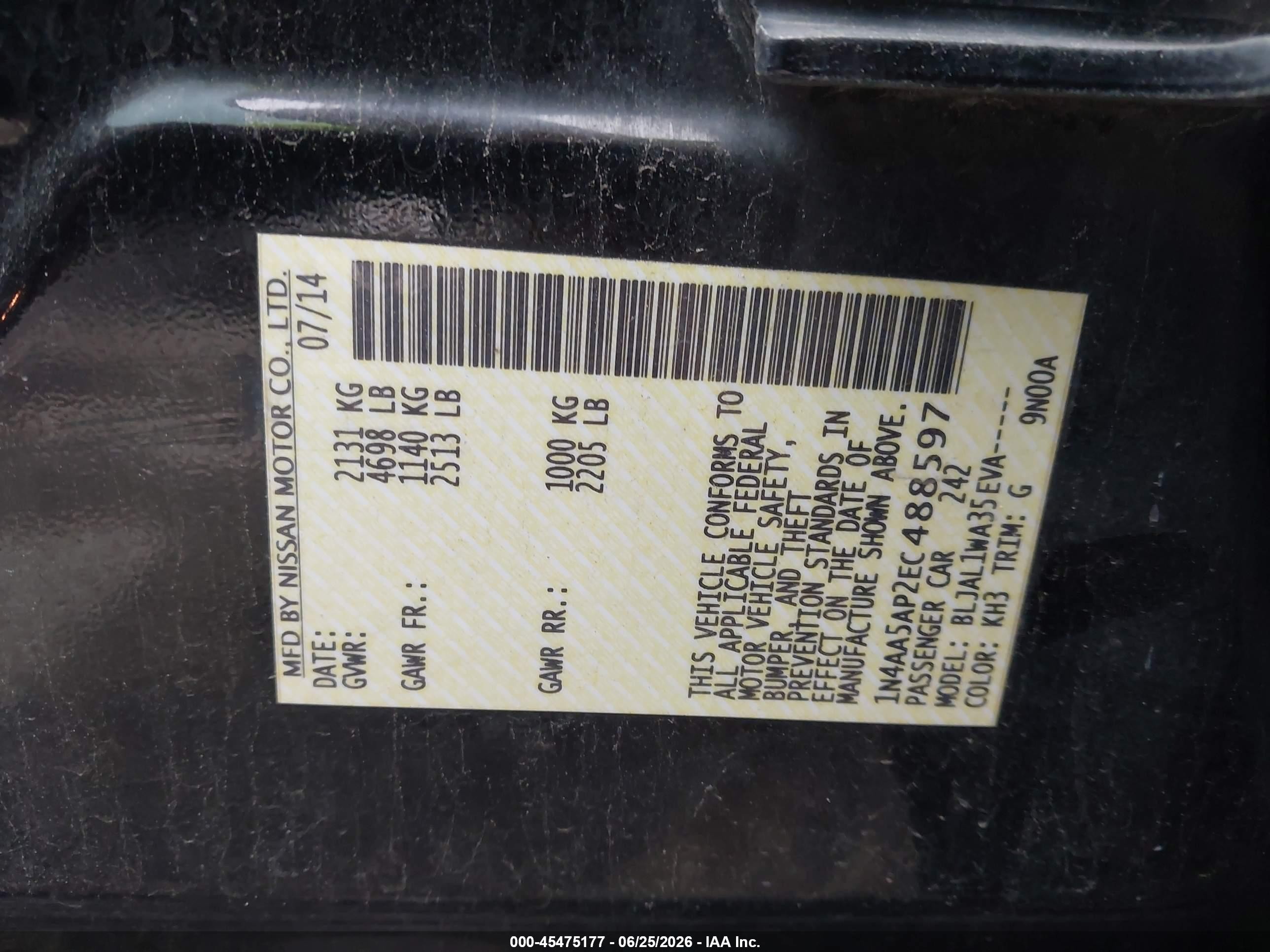 2014 Nissan Maxima 3.5 S/3.5 Sv Black vin: 1N4AA5AP2EC488597