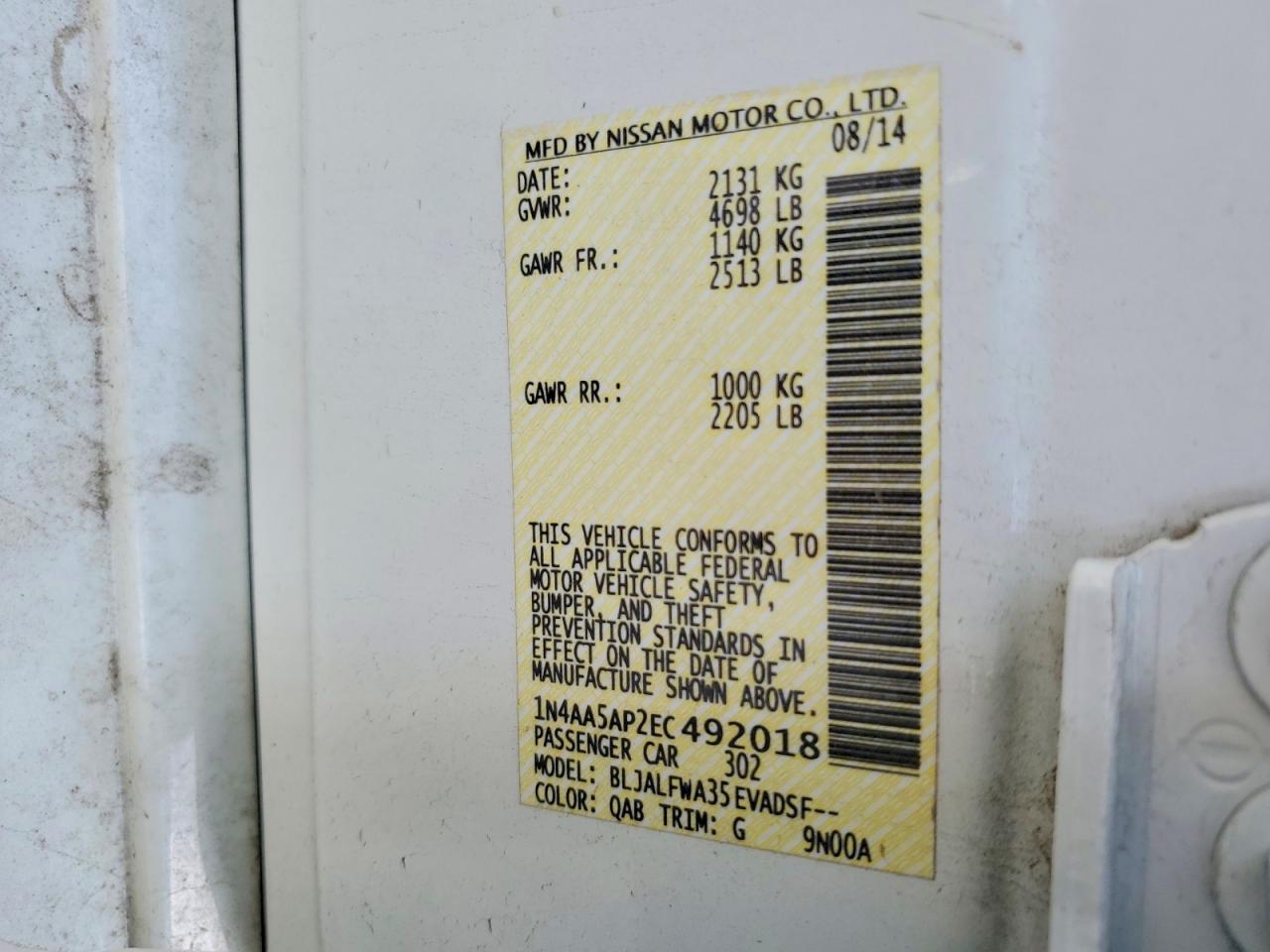 2014 Nissan Maxima White vin: 1N4AA5AP2EC492018