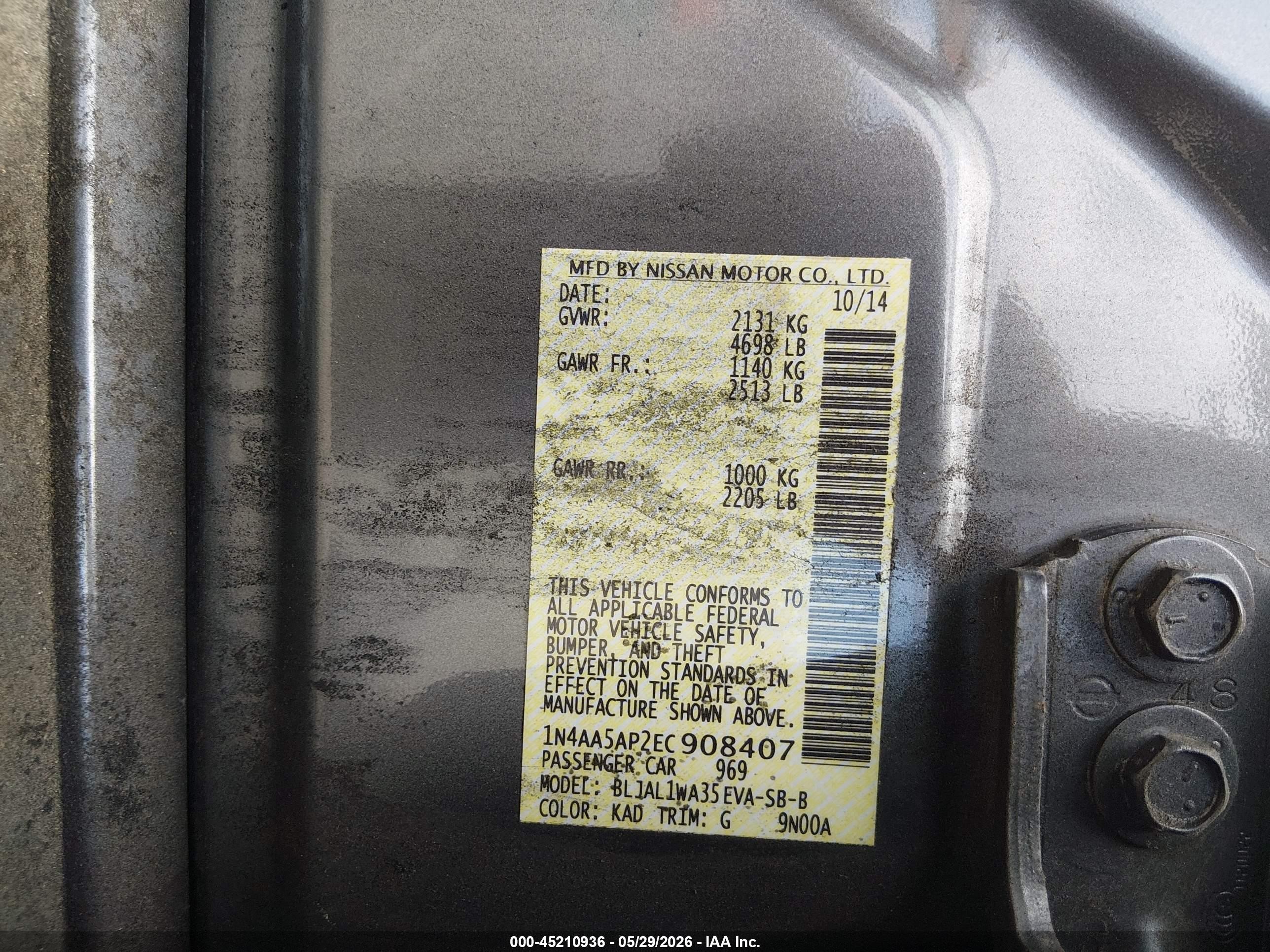 2014 Nissan Maxima 3.5 Sv Gray vin: 1N4AA5AP2EC908407