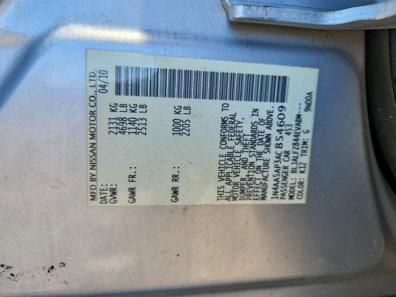 2010 Nissan Maxima 3.5 S Silver vin: 1N4AA5AP3AC854609