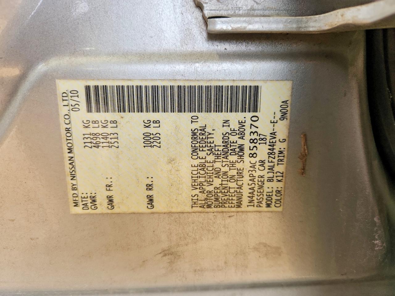 2010 Nissan Maxima 3.5 S Silver vin: 1N4AA5AP3AC858370