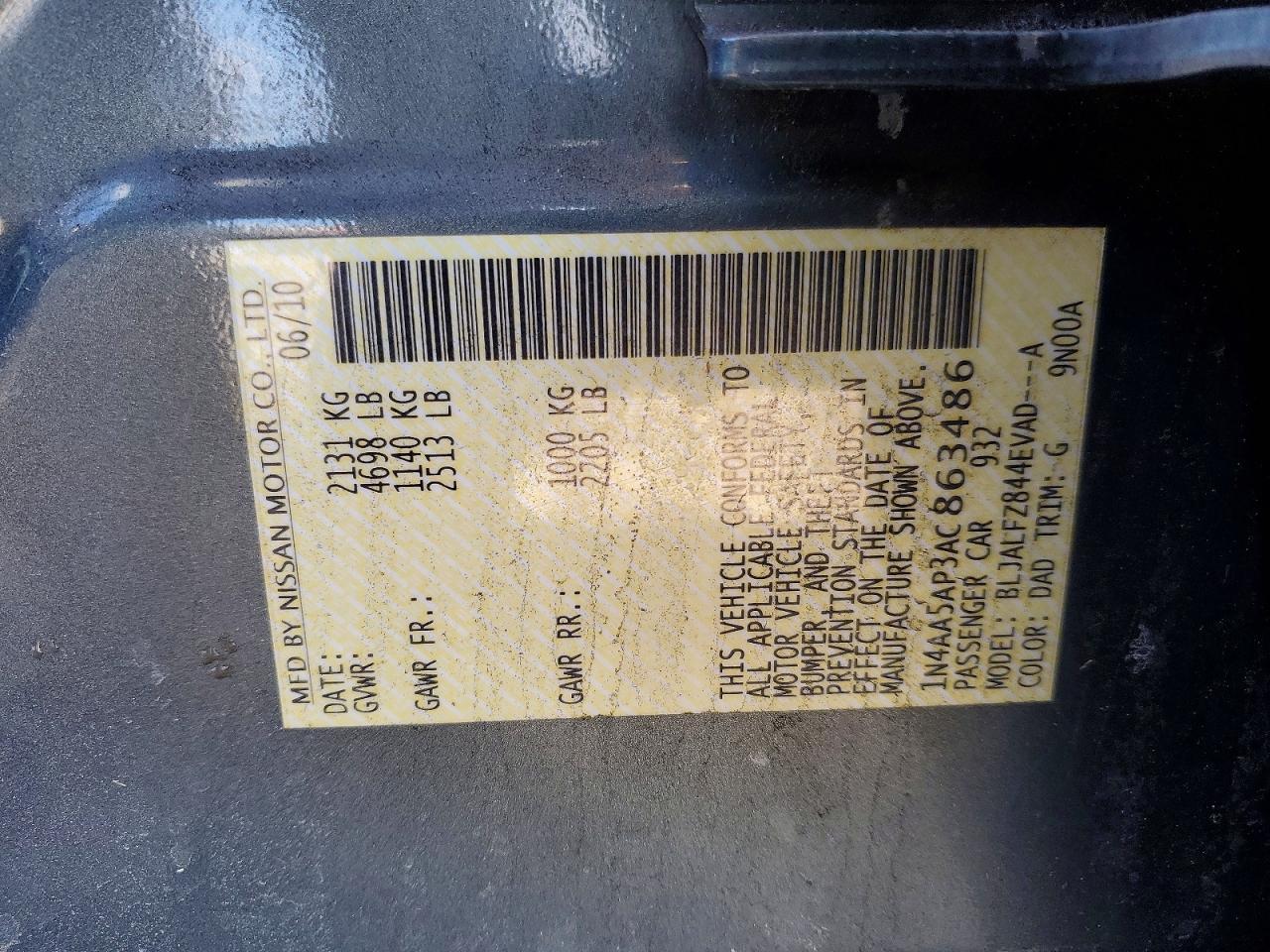 2010 Nissan Maxima 3.5 S Charcoal vin: 1N4AA5AP3AC863486